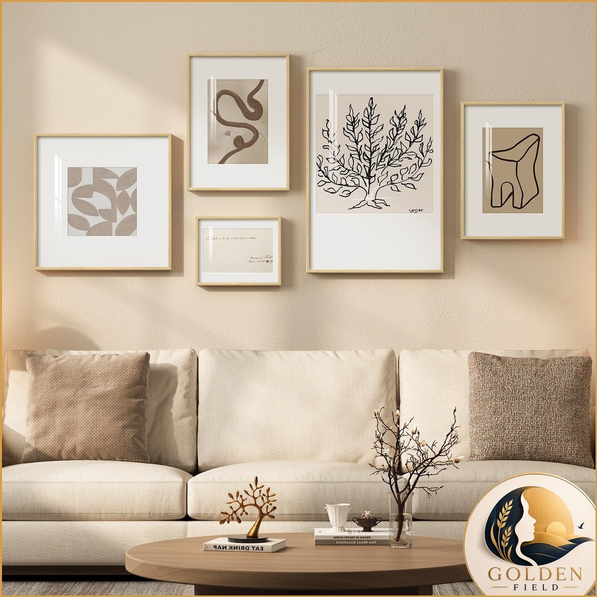 Cuspin Large Framed Modern Minimalist Neutral Wall Art For Living Room, 5 Piece