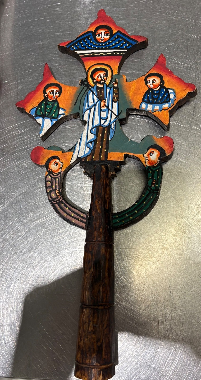 Vintage Ethiopian Orthodox Blessing Cross Hand Carved Painted Wood Icon Art