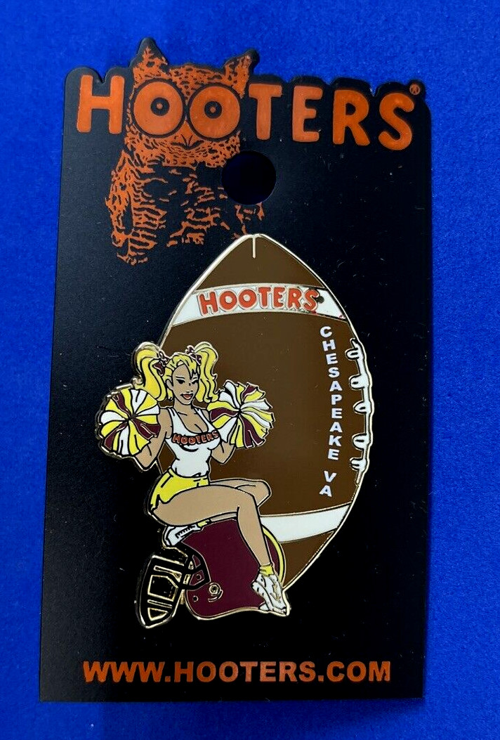 Chesapeake, VA HOOTERS Girl Cheerleader Football & Helmet Yel/Red/Wh Pompoms Pin
