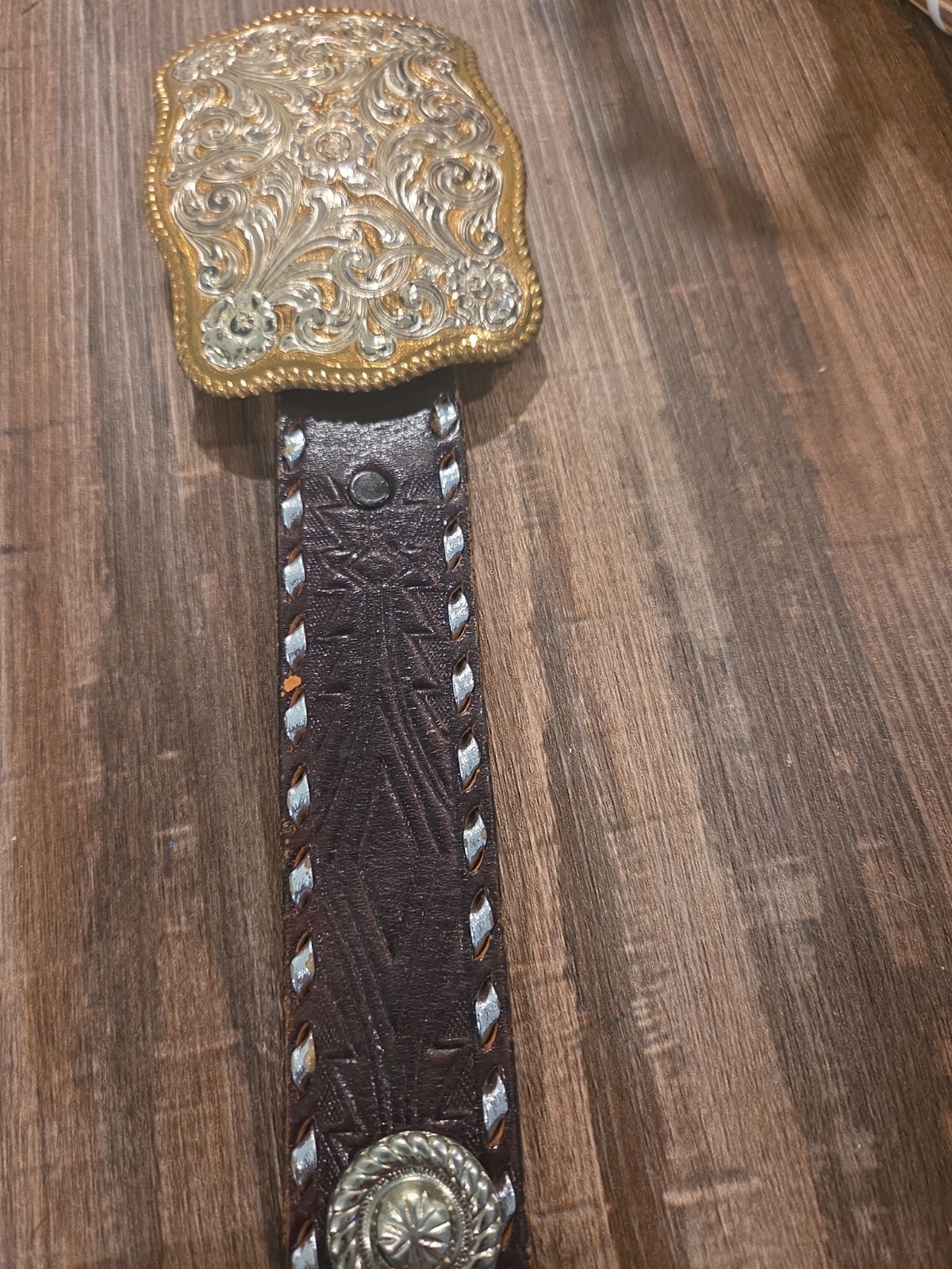 Vintage Crumrine Gold Silver Plated Western Belt & Buckle 