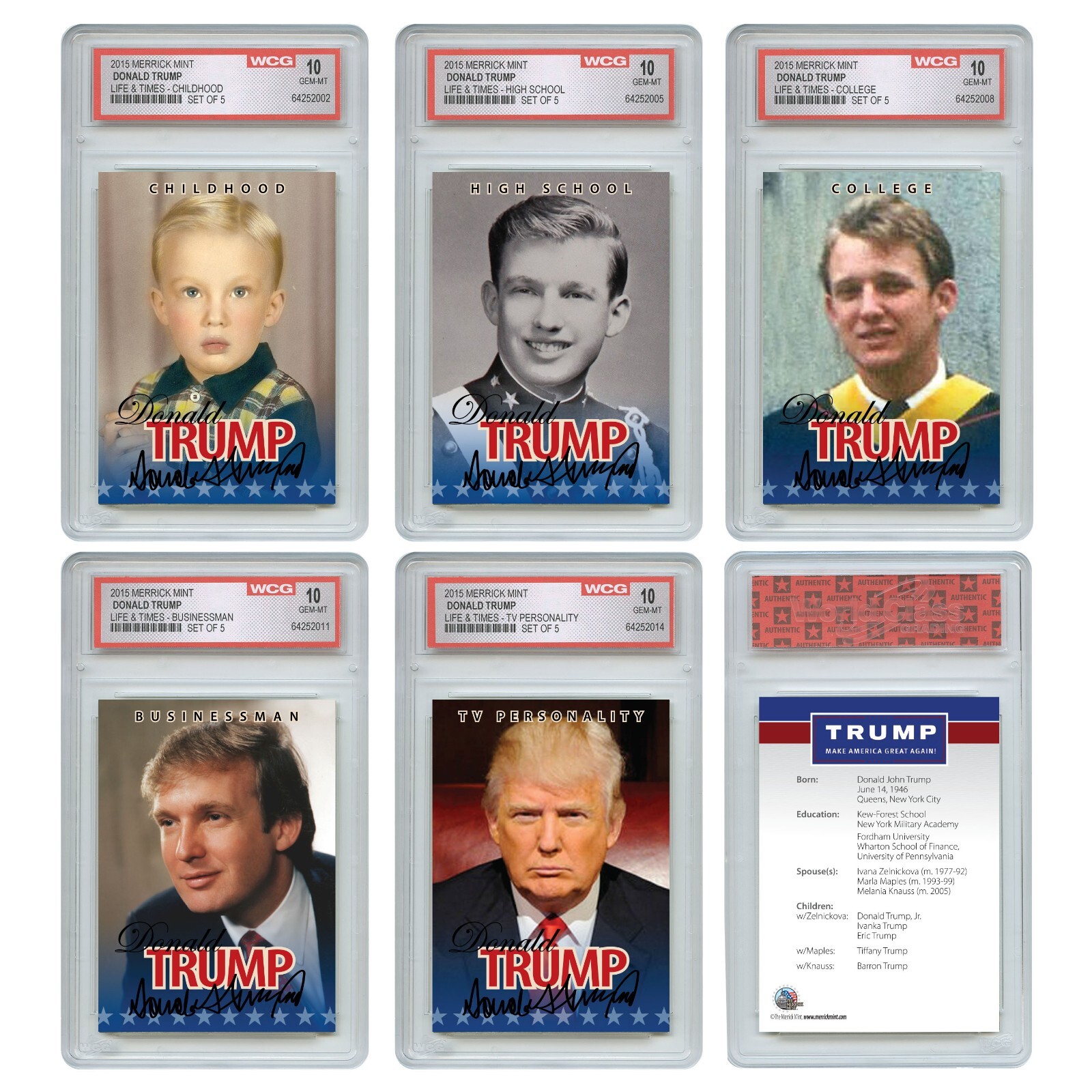 2015 DONALD TRUMP 45th President GENUINE Life & Times 5-Card Set - GEM-MINT 10
