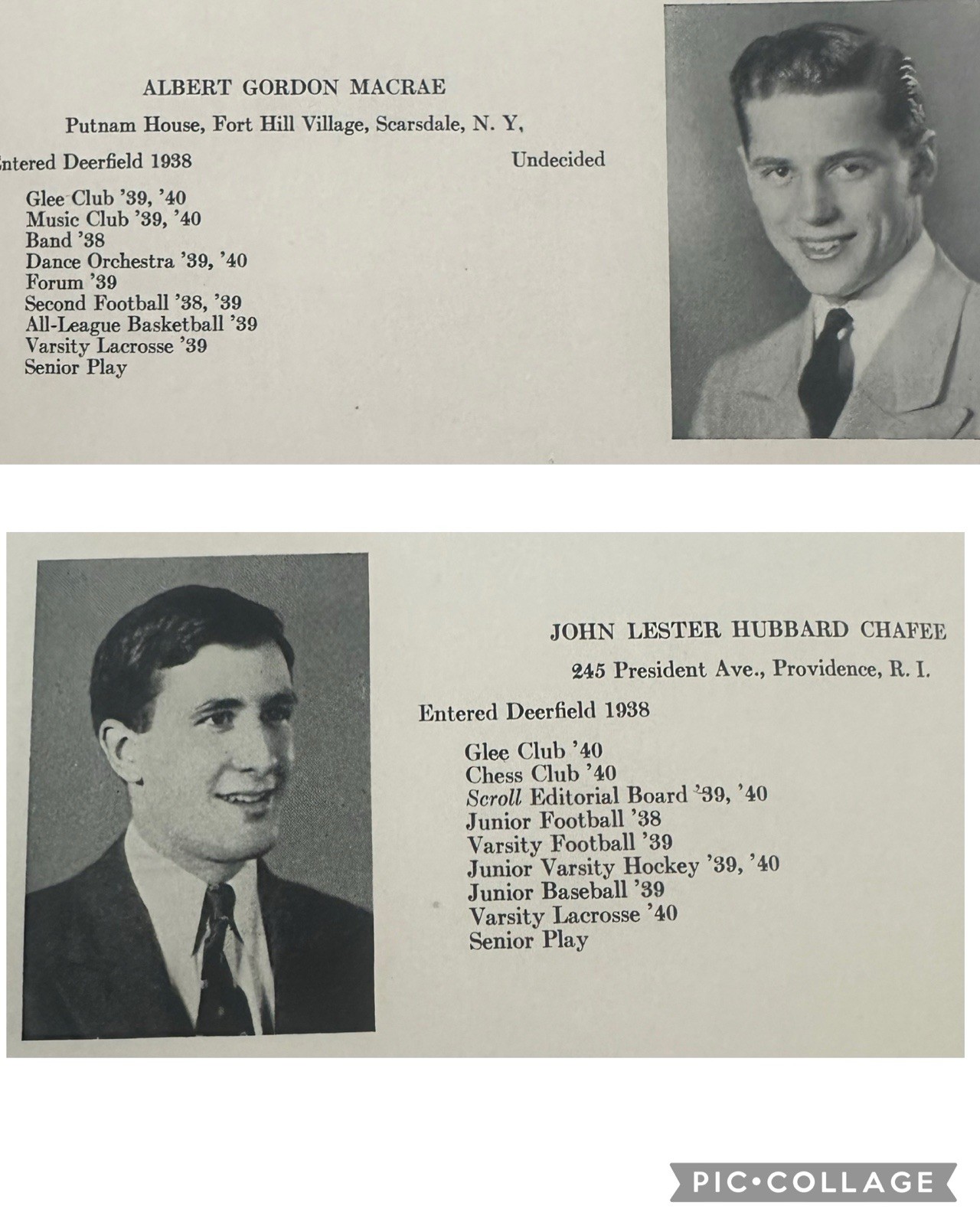 Gordon Macrae (Actor) John Chafee (Governor) 1940 Deerfield Academy MA Yearbook