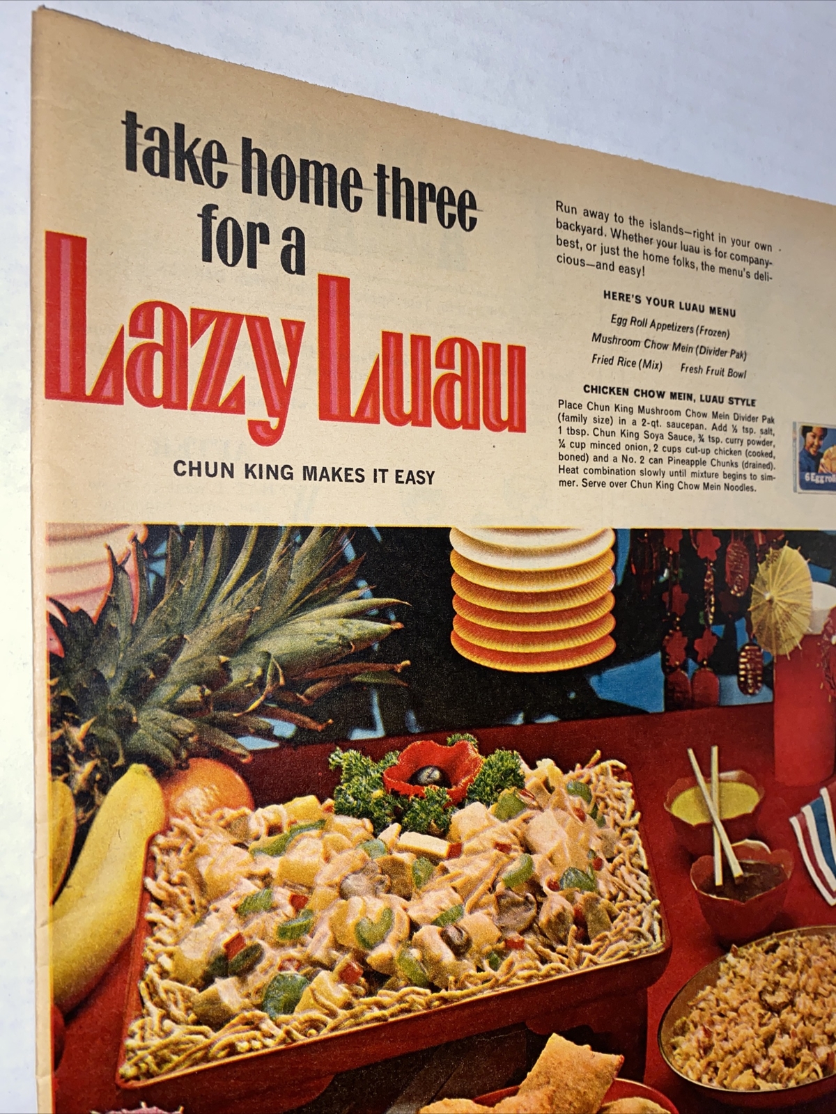 Vintage 1960s Chun King Print Ad Lazy Luau Tiki Bar Party Kitsch Decor 