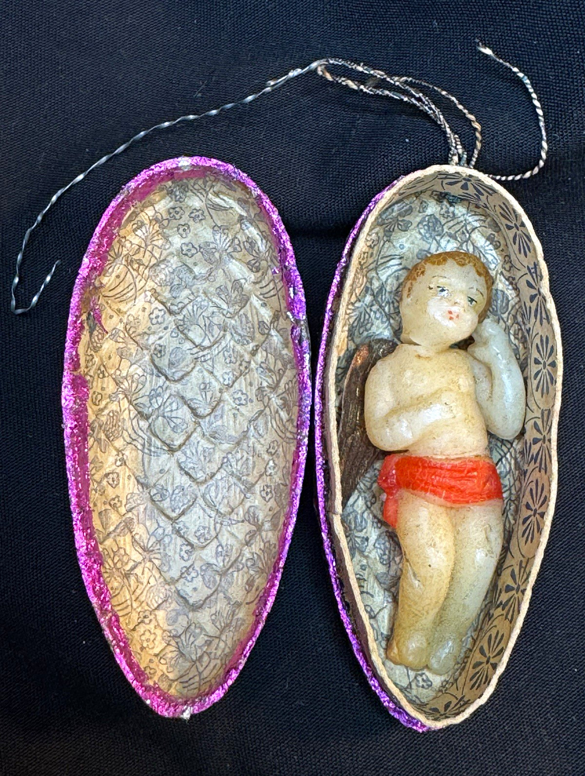 Antique German Dresden Cardboard Pinecone Ornament Candy Container w/ Wax Angel