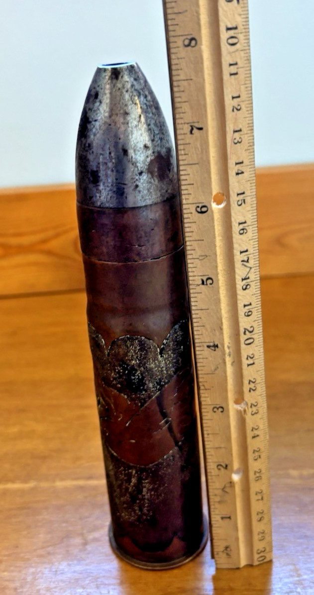 ⁠Vintage WWI Brass Trench Art Shell Casing Etched Floral Bird 37mm Artillery 8”