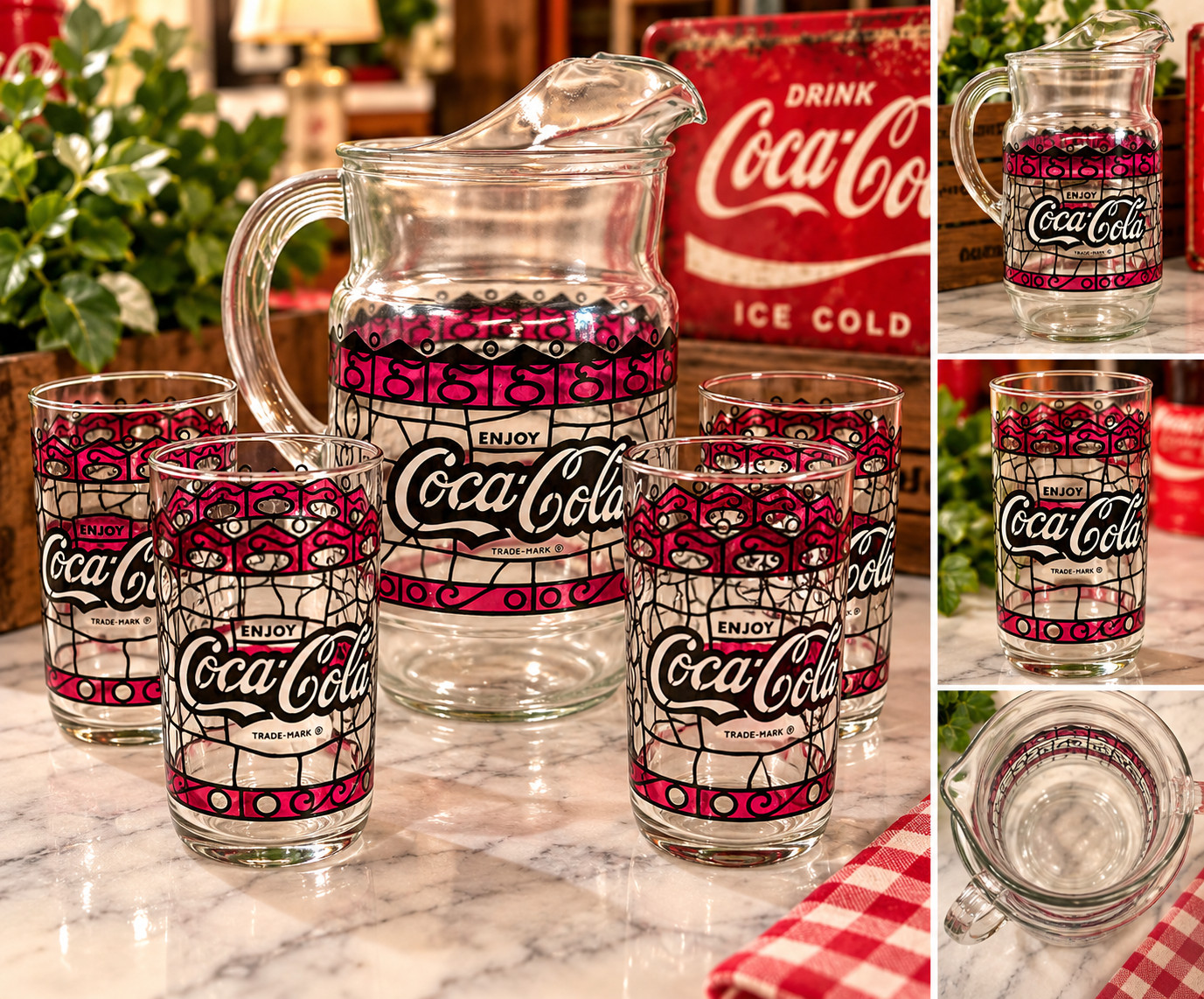 Vintage 1970s Coca-Cola Tiffany Stained Glass Pitcher 4 Tumblers 5 Pc Set