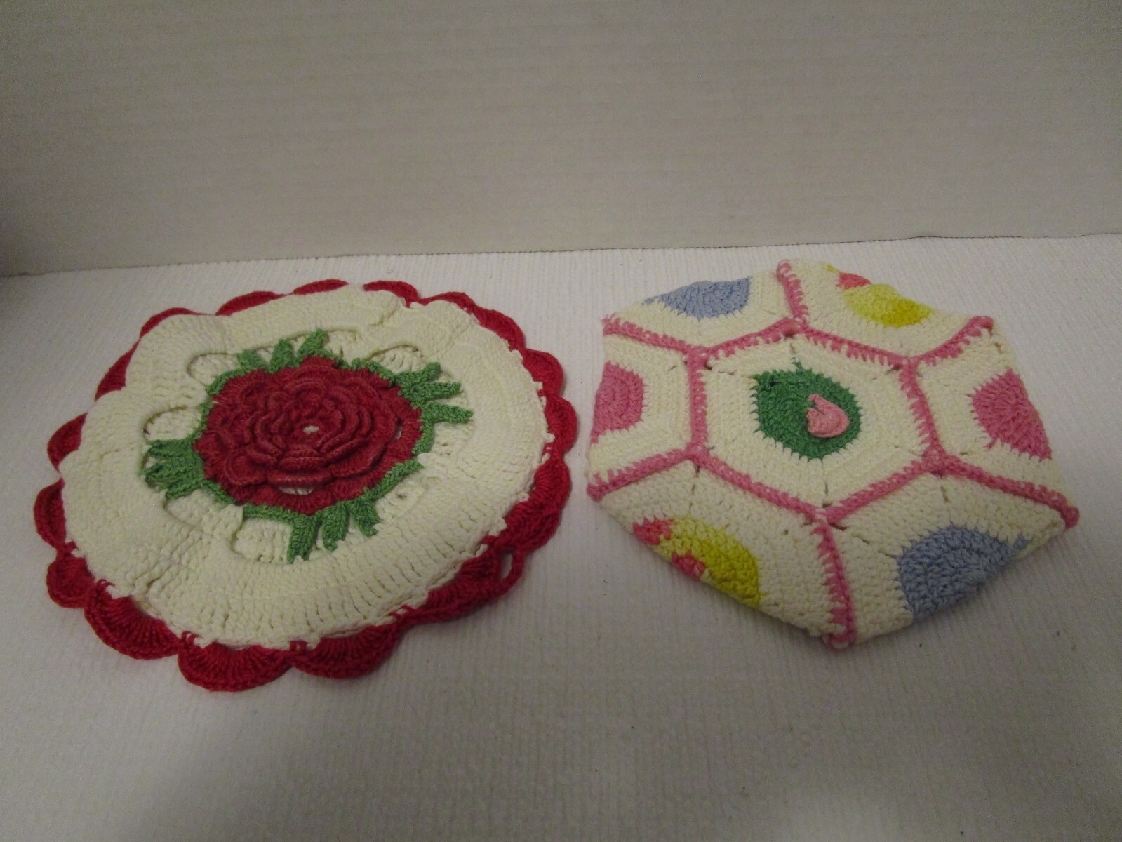 Handmade Crochet Floral Granny Square Pot Holders Trivets 3D Hexagon & Red Roses