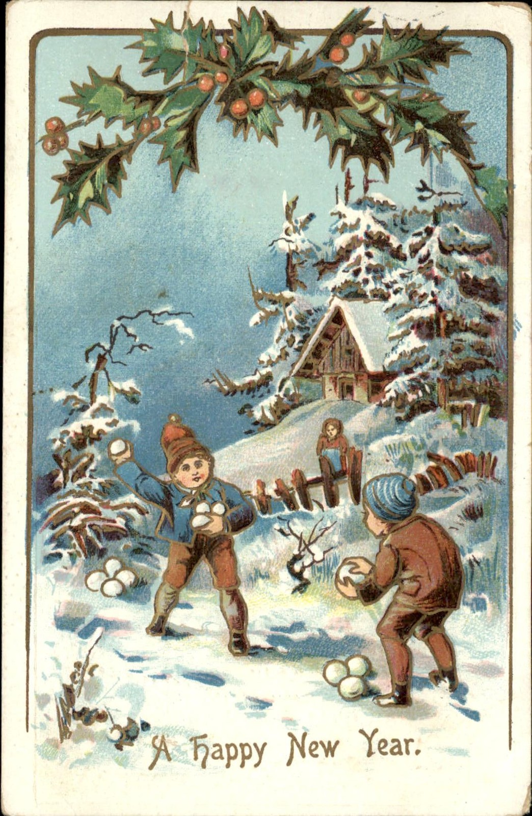 New Year's Children Playing in Snow c1900s-10s Vintage Postcard