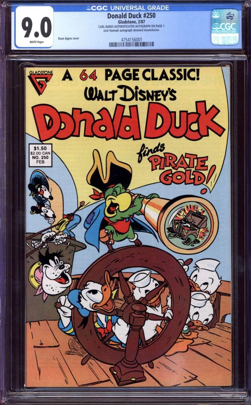 DONALD DUCK #250 CGC 9.0 WHITE PAGES // SIGNED CARL BARKS GLADSTONE 1987