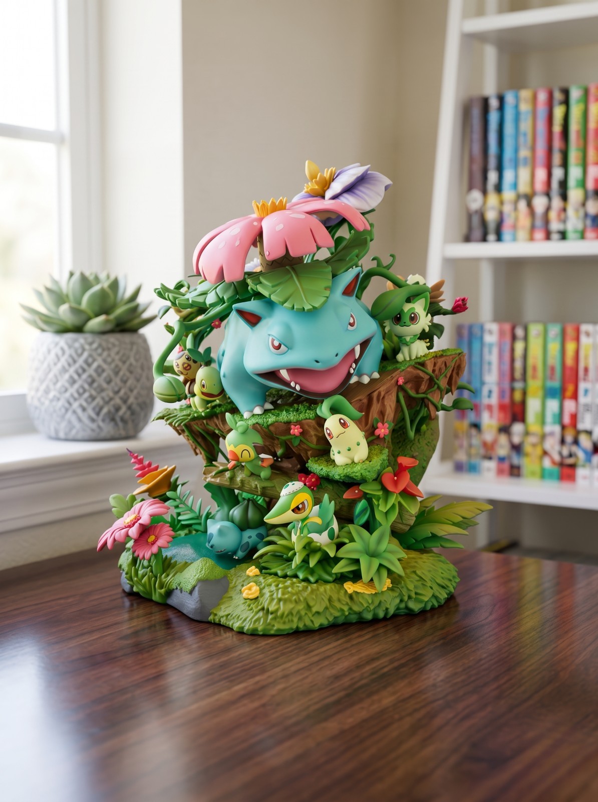 Pokemon Grass Starters Venusaur Bulbasaur Chikorita Snivy Turtwig Diorama Statue