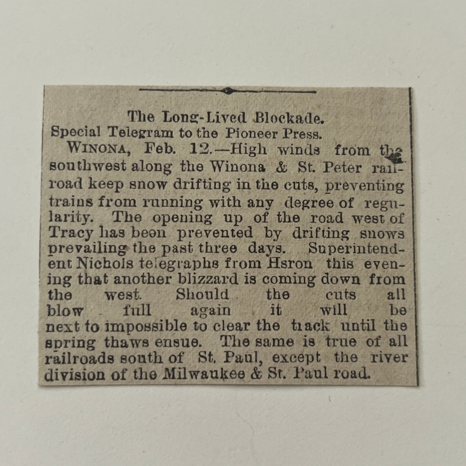 The Long-Lived Blockade Winona 1883 St. Paul MN Clipping SAI2-S21