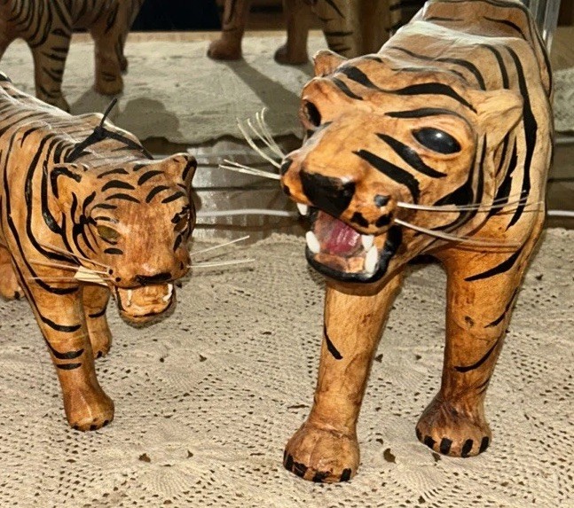 Stunning Vintage Leather Bengal Tiger Sculptures Measuring 16x7 & 18x10 Inches