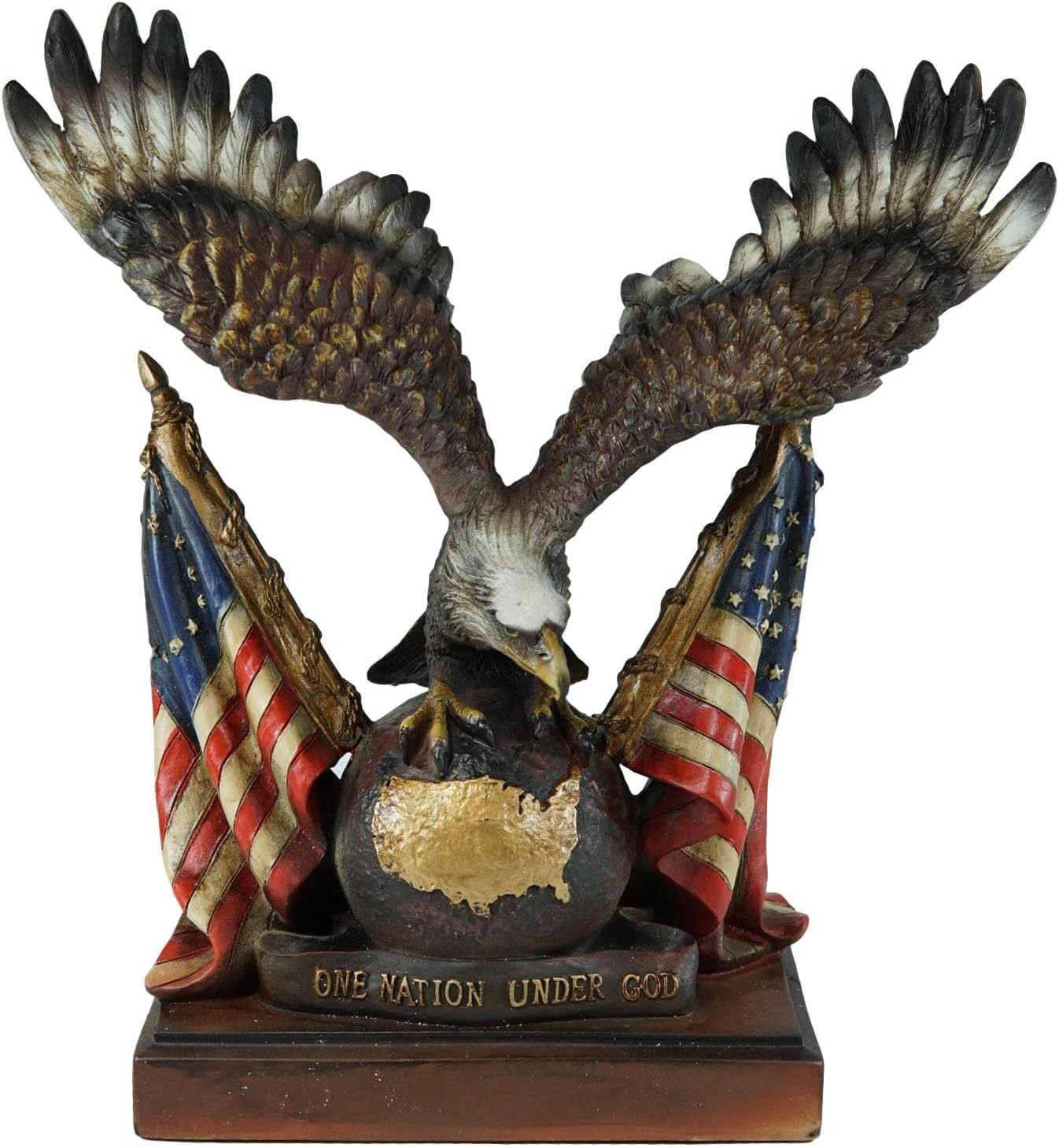 Patriotic Wings of Glory Bald Eagle Resting on Globe with Map of America and 2 S