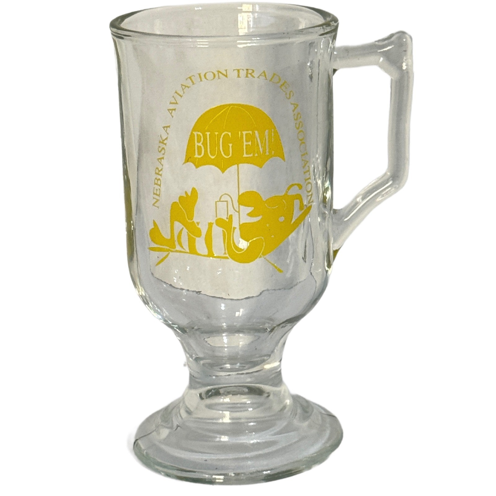 Nebraska Aviation Trades Association Bug Em Glass Mug Coffee Cup Yellow Graphic