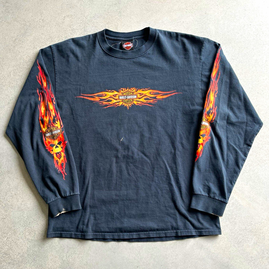 Harley-Davidson Black Long Sleeve Graphic T-Shirt Flame Skull Sleeve Print L