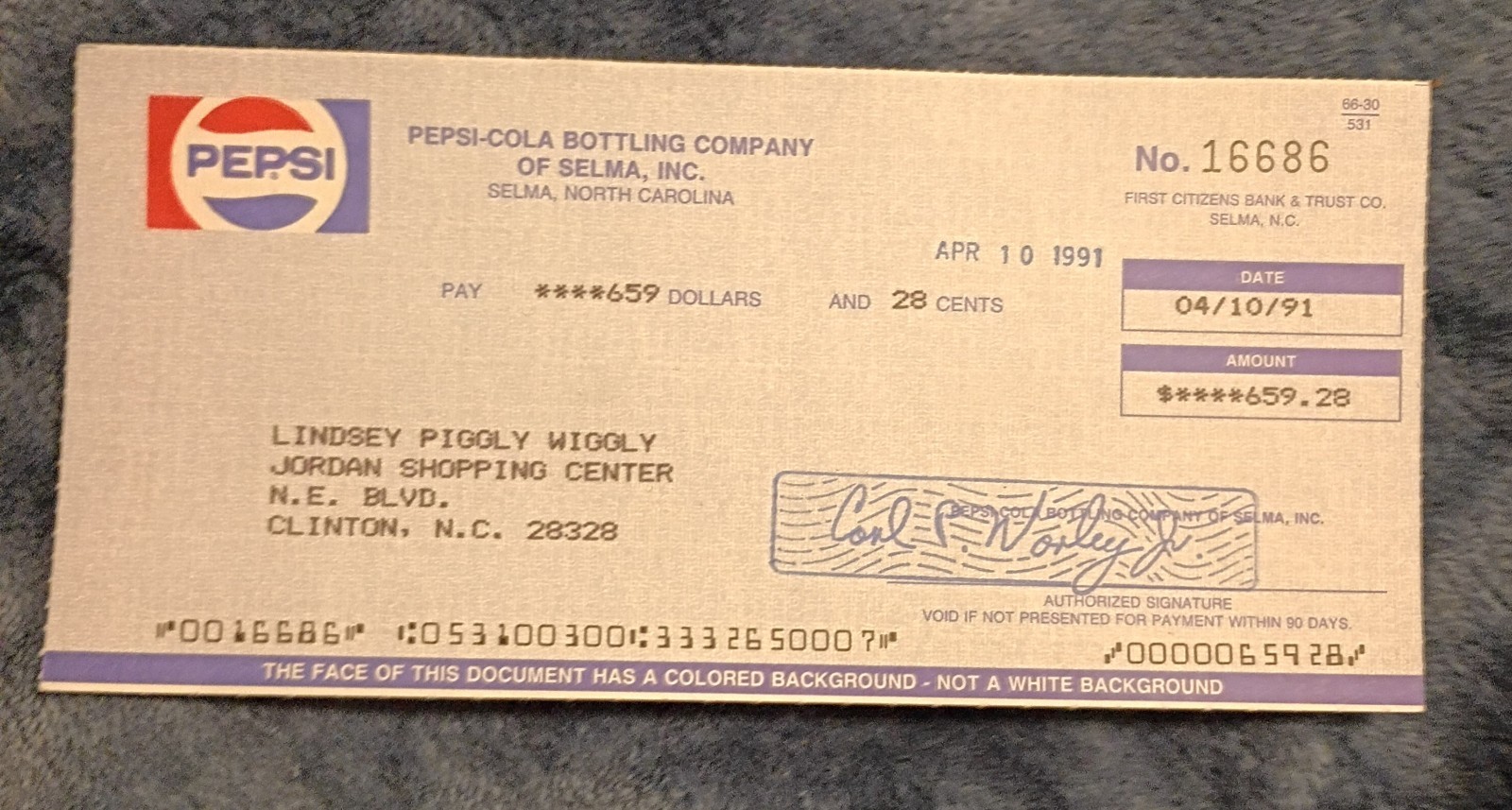 Pepsi - Cola Company Checks One 1991 Mint
