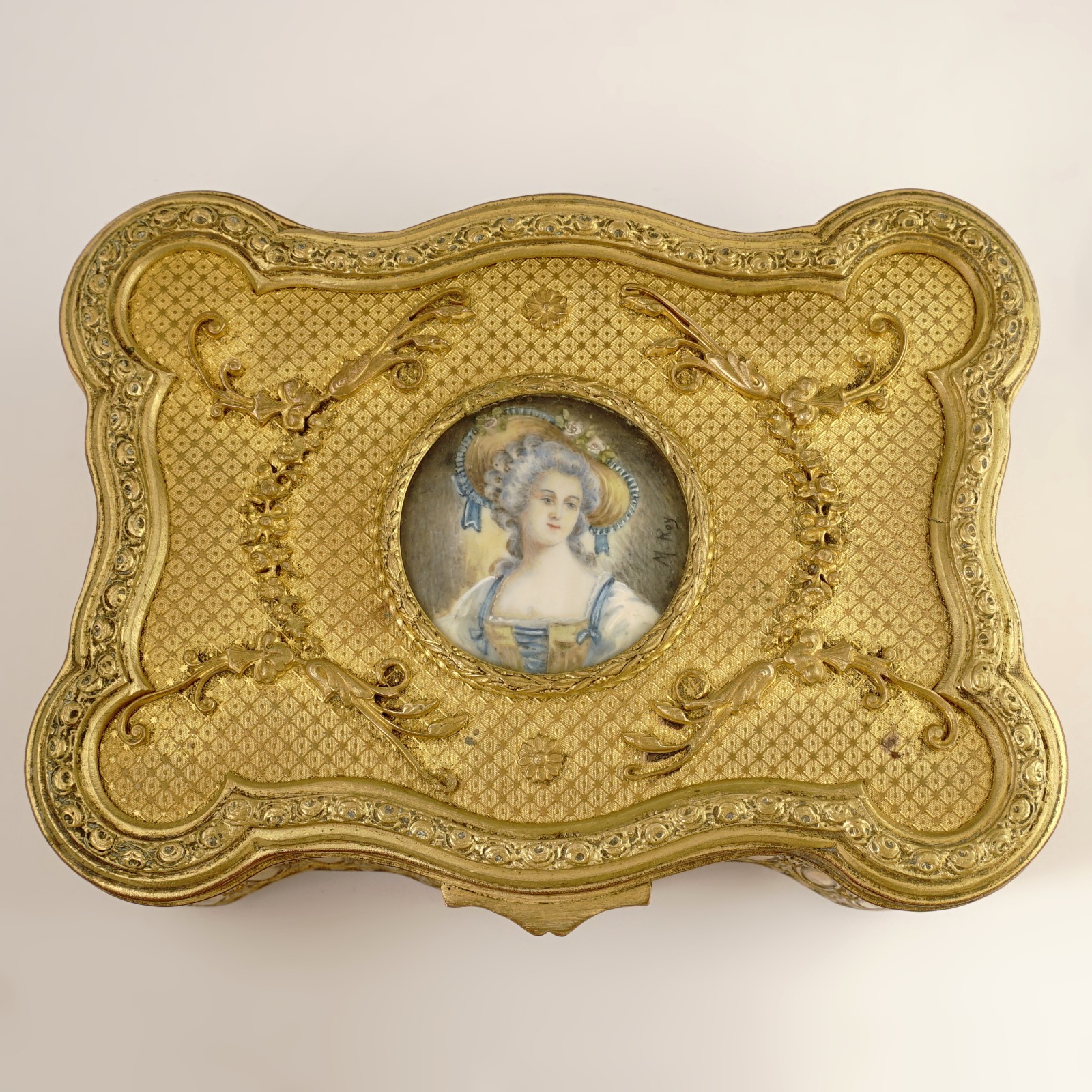 Antique French Miniature Portrait Gilt Bronze Jewelry Box, Princesse Lamballe