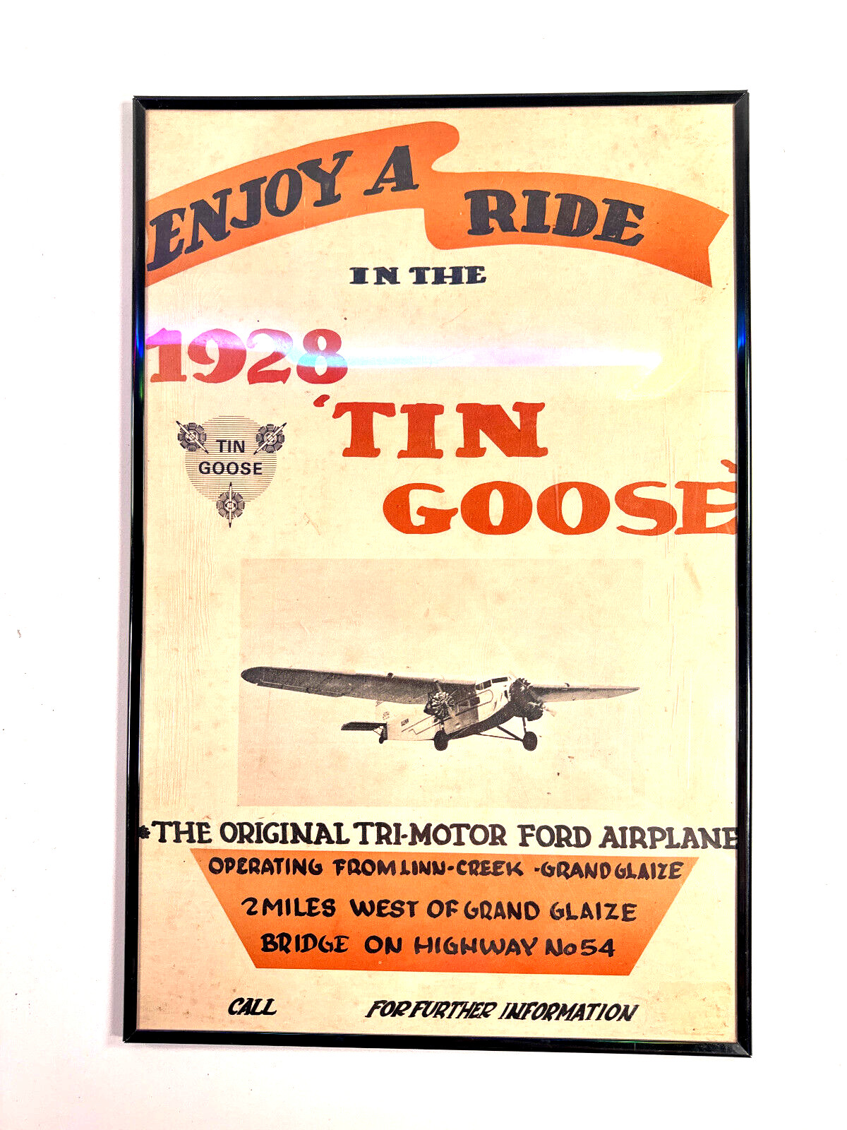 1928 Hand Painted Plane Ride Poster Tin Goose linn creek MO grand glaize