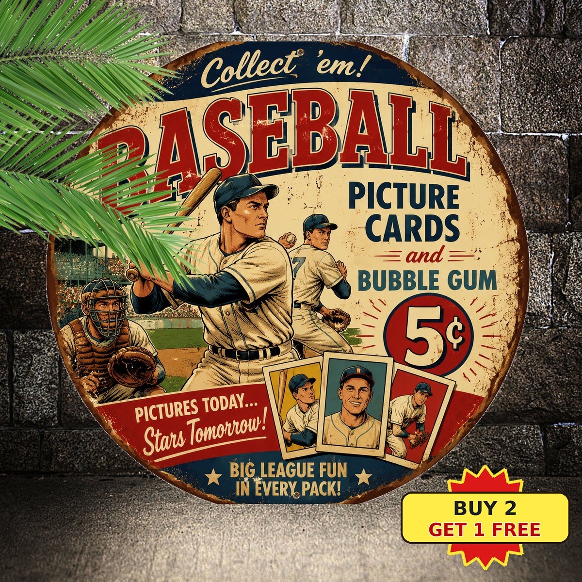 Retro Baseball Card Style Round Metal Sign Vintage Sports Wall Plaque 8x8