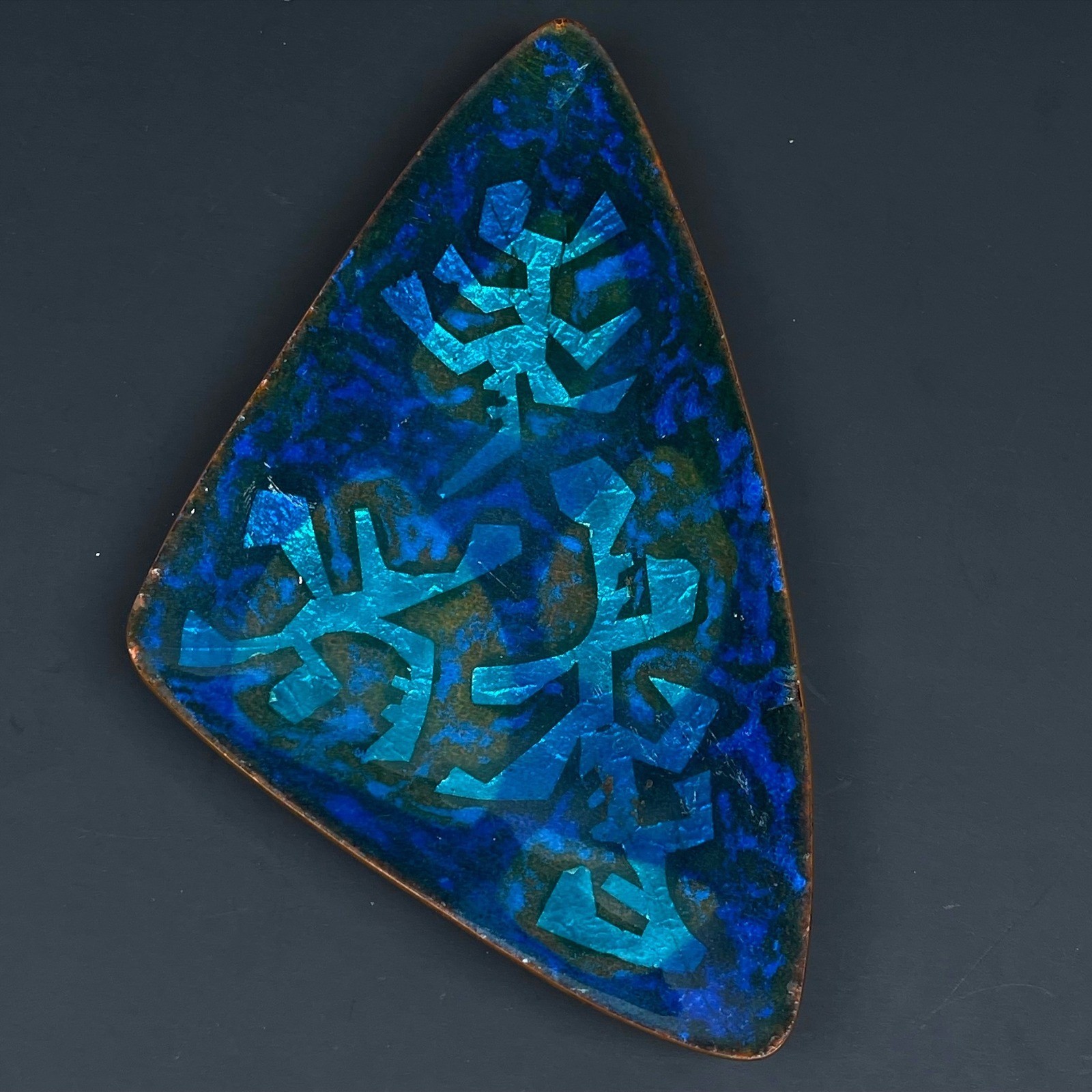 Vintage Enamel on Copper Abstract Trinket Dish Blue Green MCM Triangular 60s