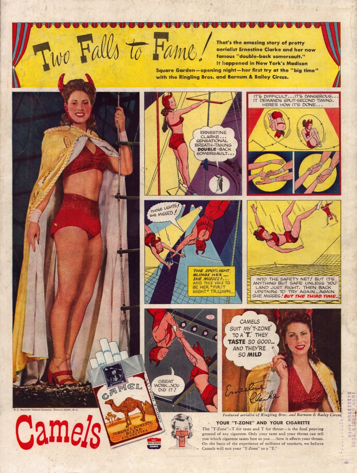 1945 Camel Cigarettes Ad WWII Trapeze Ringling Bros Circus Ernestine Clarke