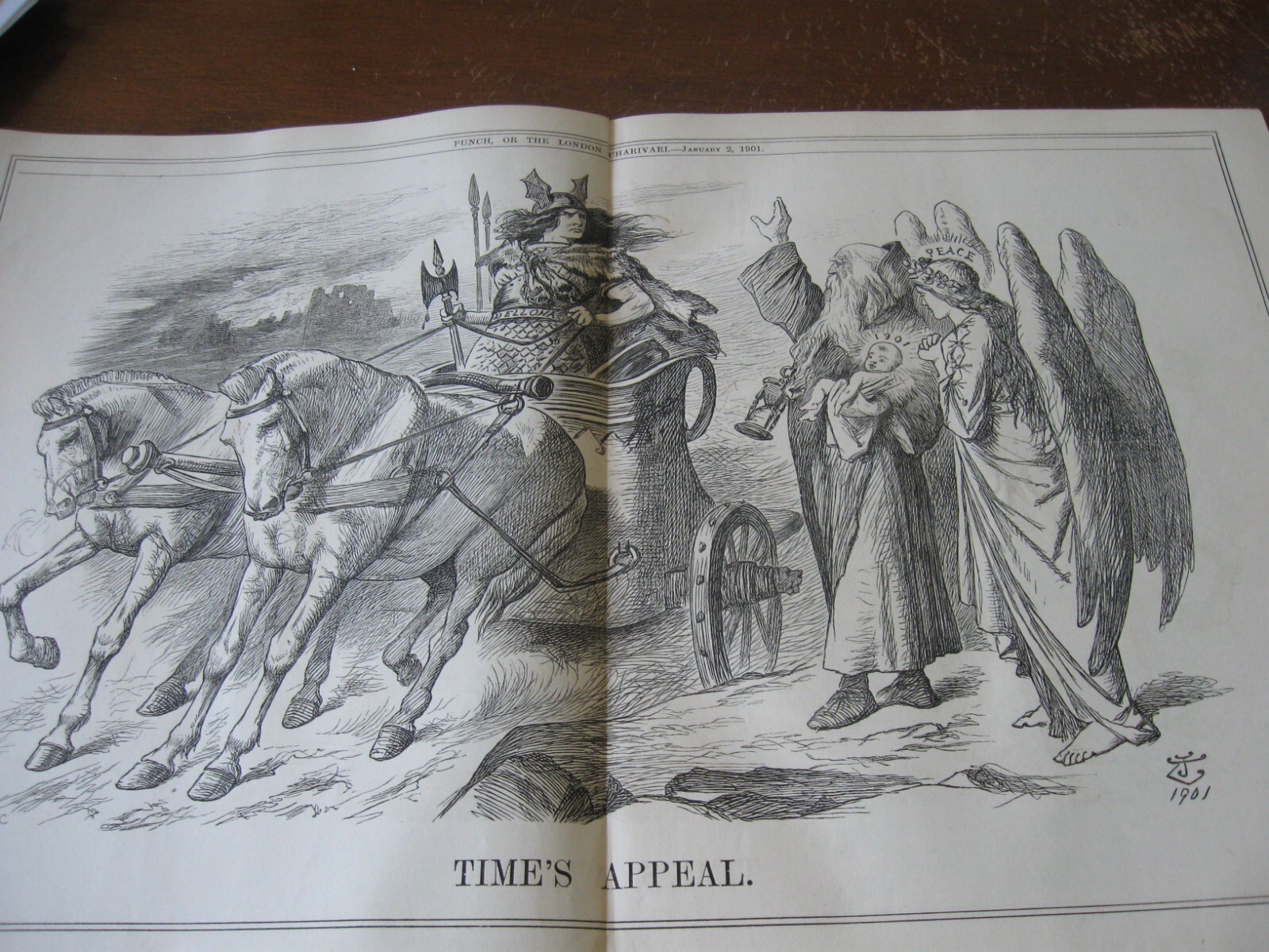 1901 Original POLITICAL CARTOON - FATHER TIME w NEW YEAR BABY Peace War Appeal