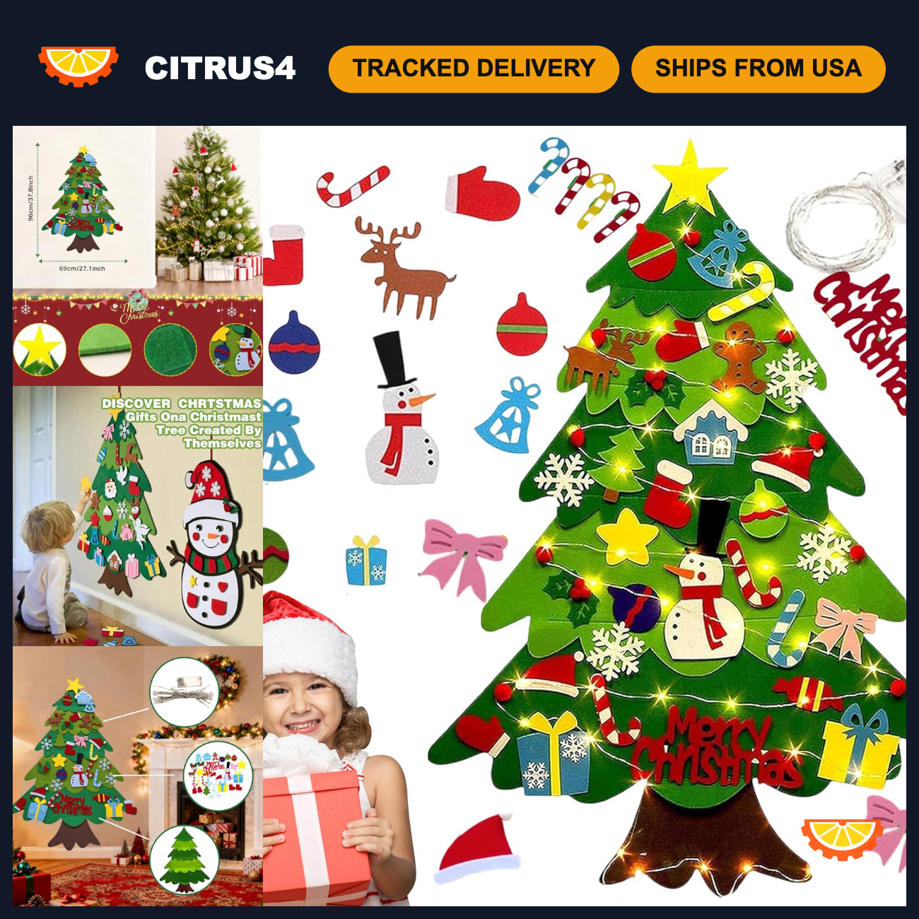 Montessori Felt Christmas Tree, 3ft DIY Felt Christmas Tree Set with 32 Ornament