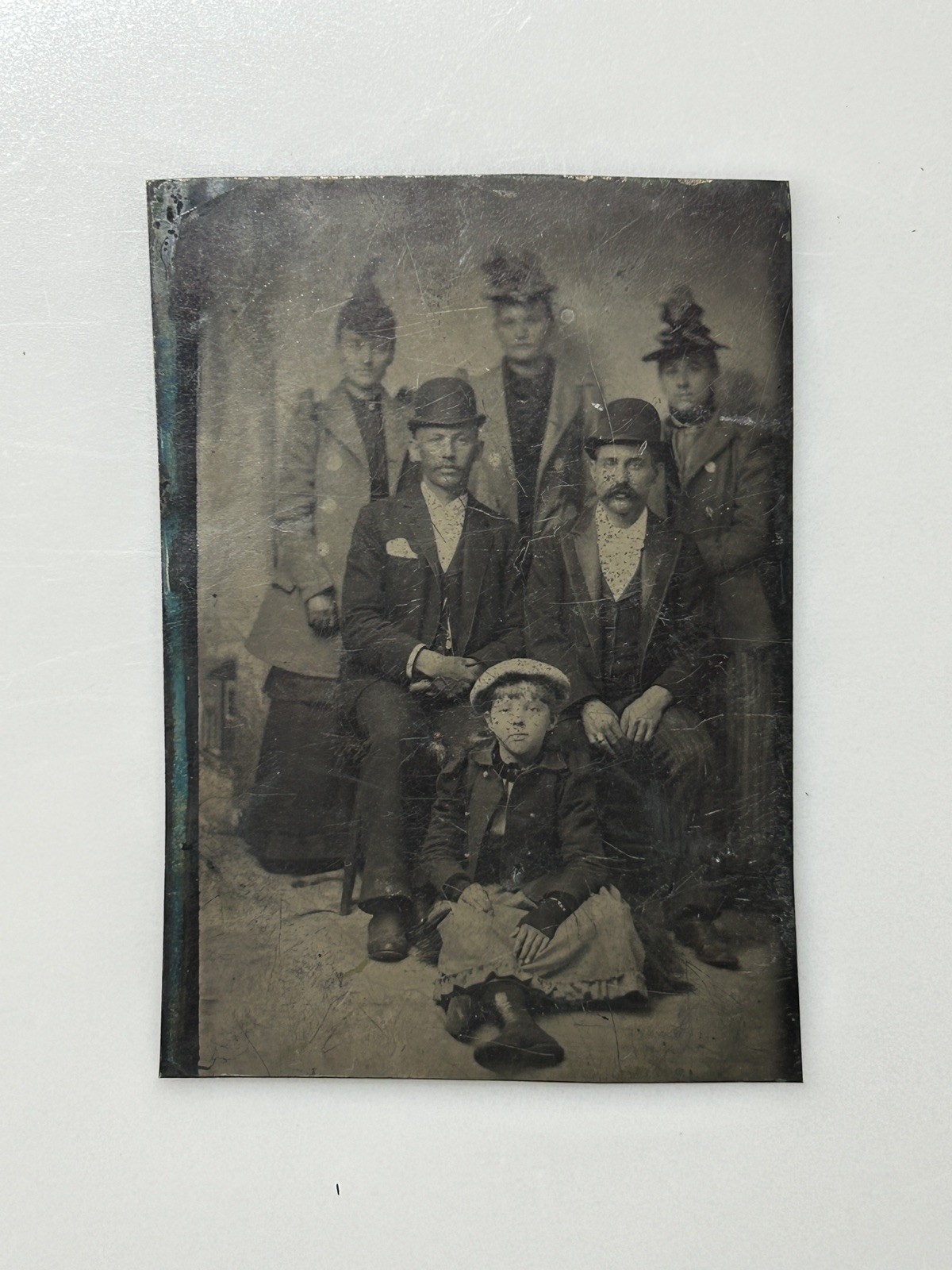 Antique Tintype Group Portrait Men, Women, Child Fancy Hats 1/6 Plate