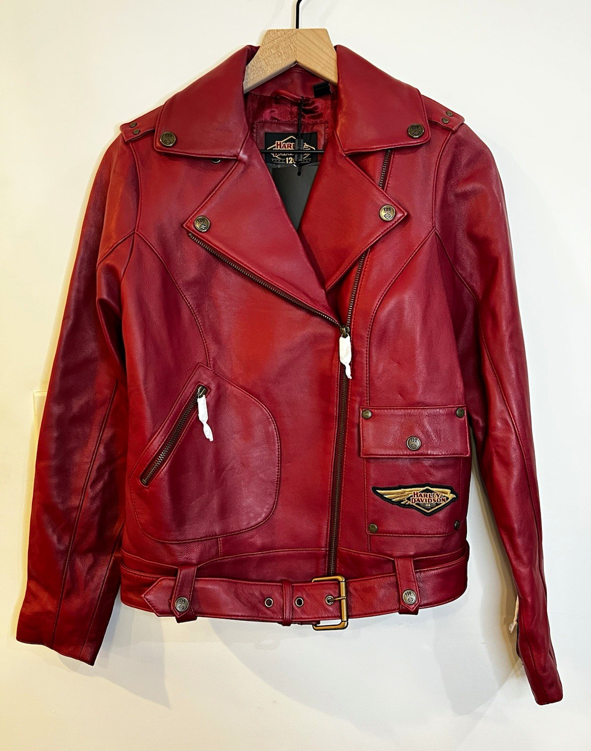 Harley-Davidson 120th Anniversary Red Leather Moto Jacket Wing LogoPatch SIZE XS