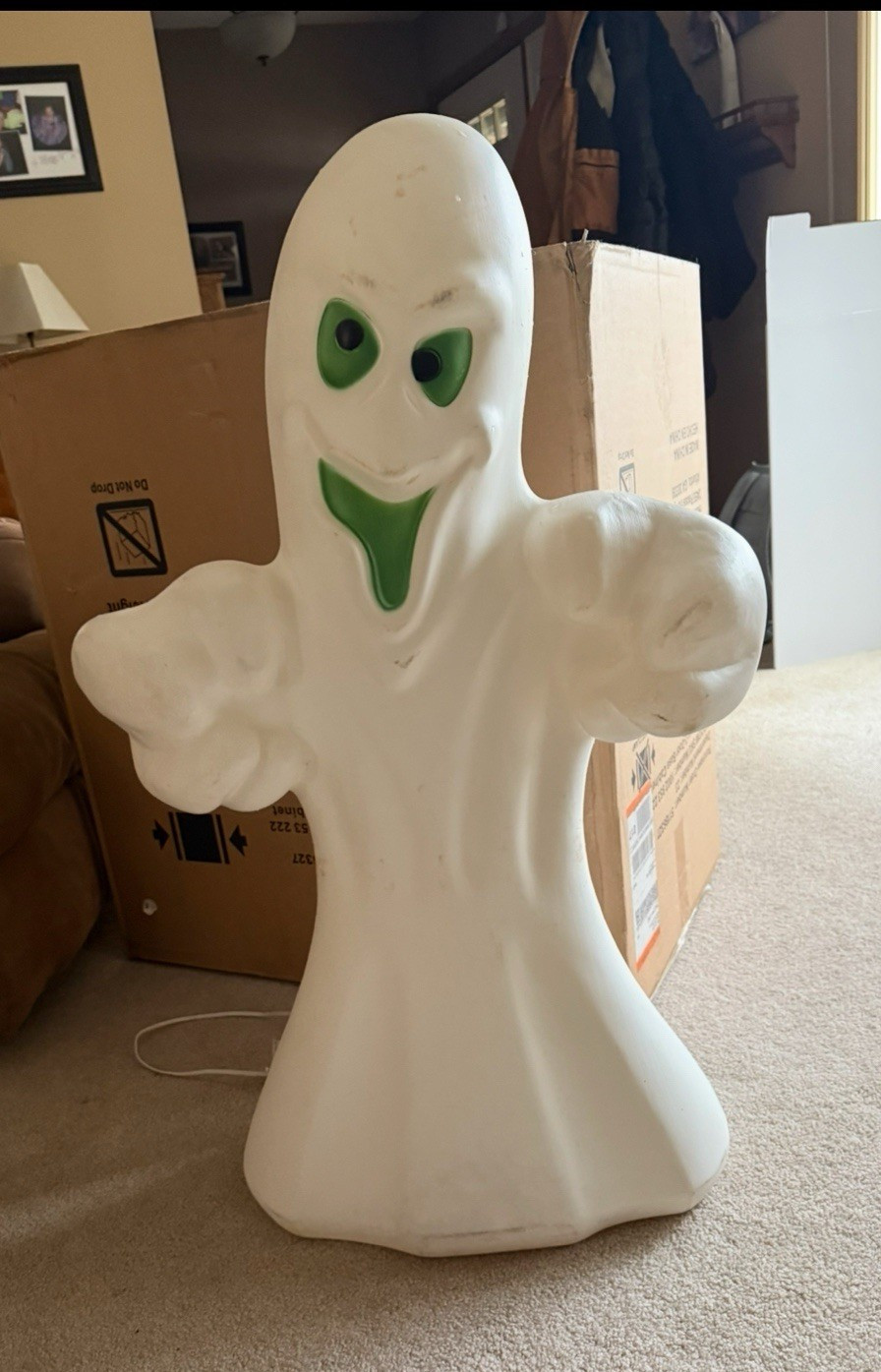 Vintage Ghost Blow Mold Figurine, White/Green Matte Plastic Halloween Decor