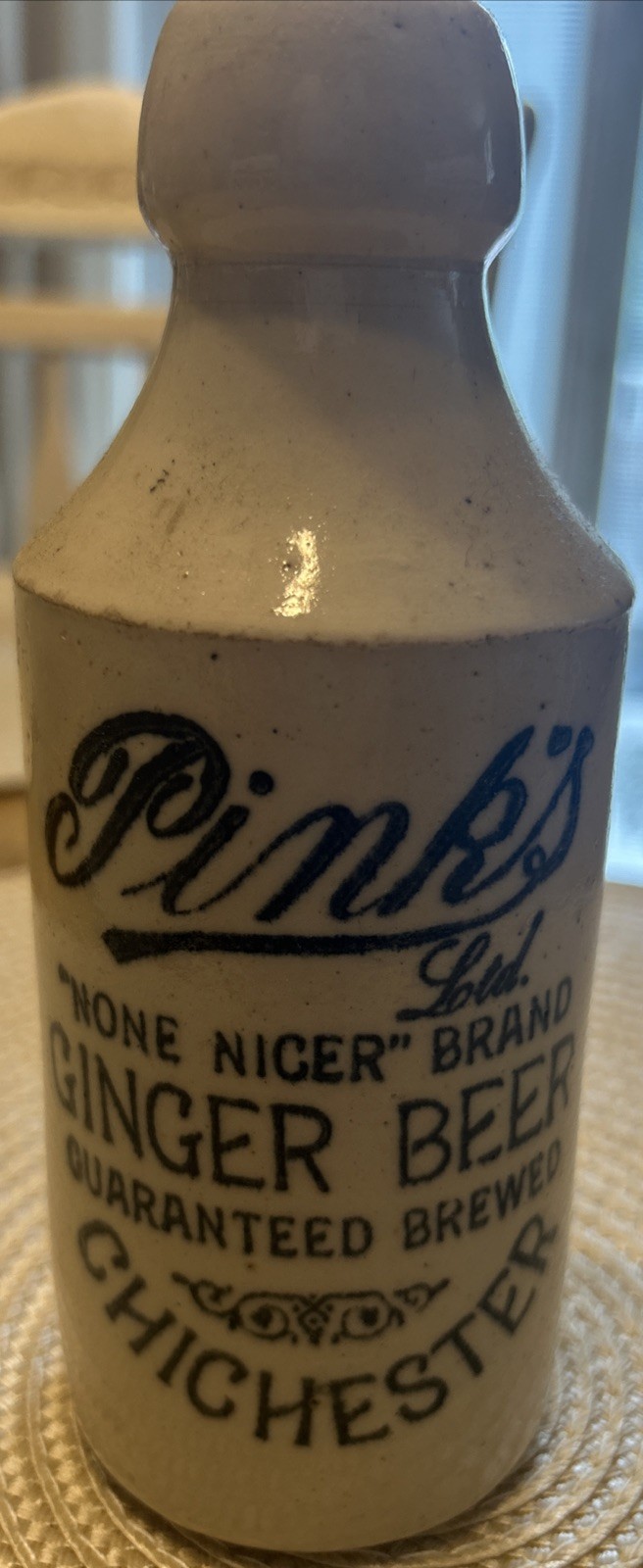 1890'S ANTIQUE GINGER STONEWARE BEER BOTTLE- PINKS LTD BRAND-CHICHESTER