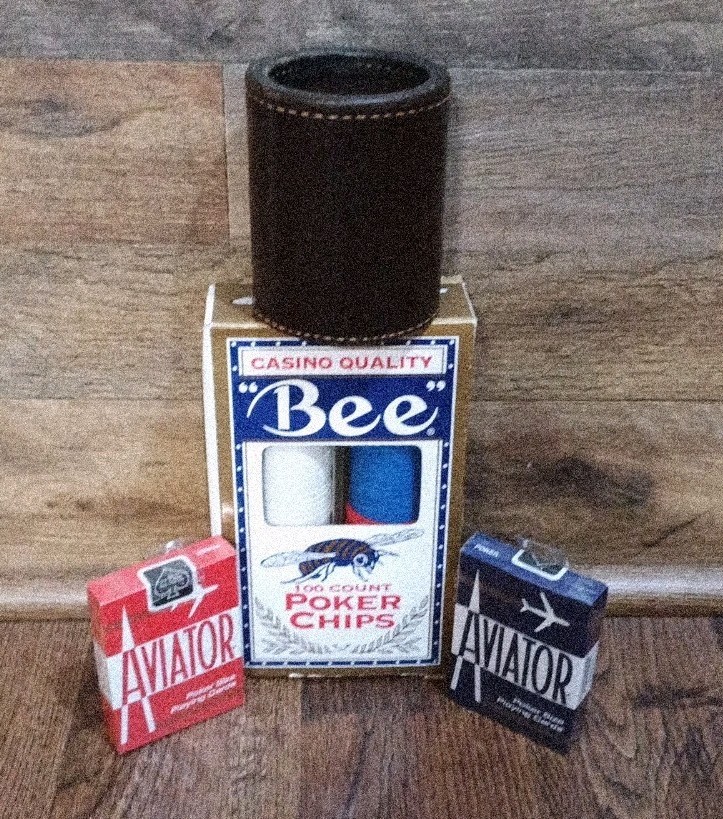 Vintage Poker Game Lot Bee Casino Quality Chips Aviator Decks Leather Dice Cup