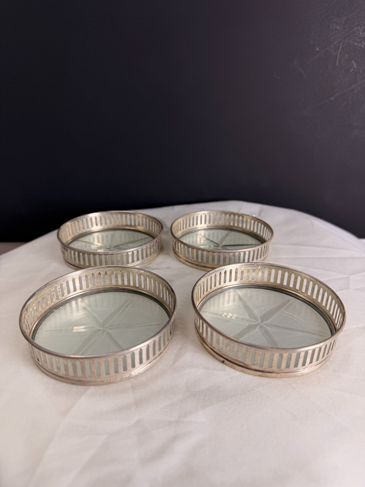 4pc Antique STERLING Silver 1940-1960s Starburst Coaster Set