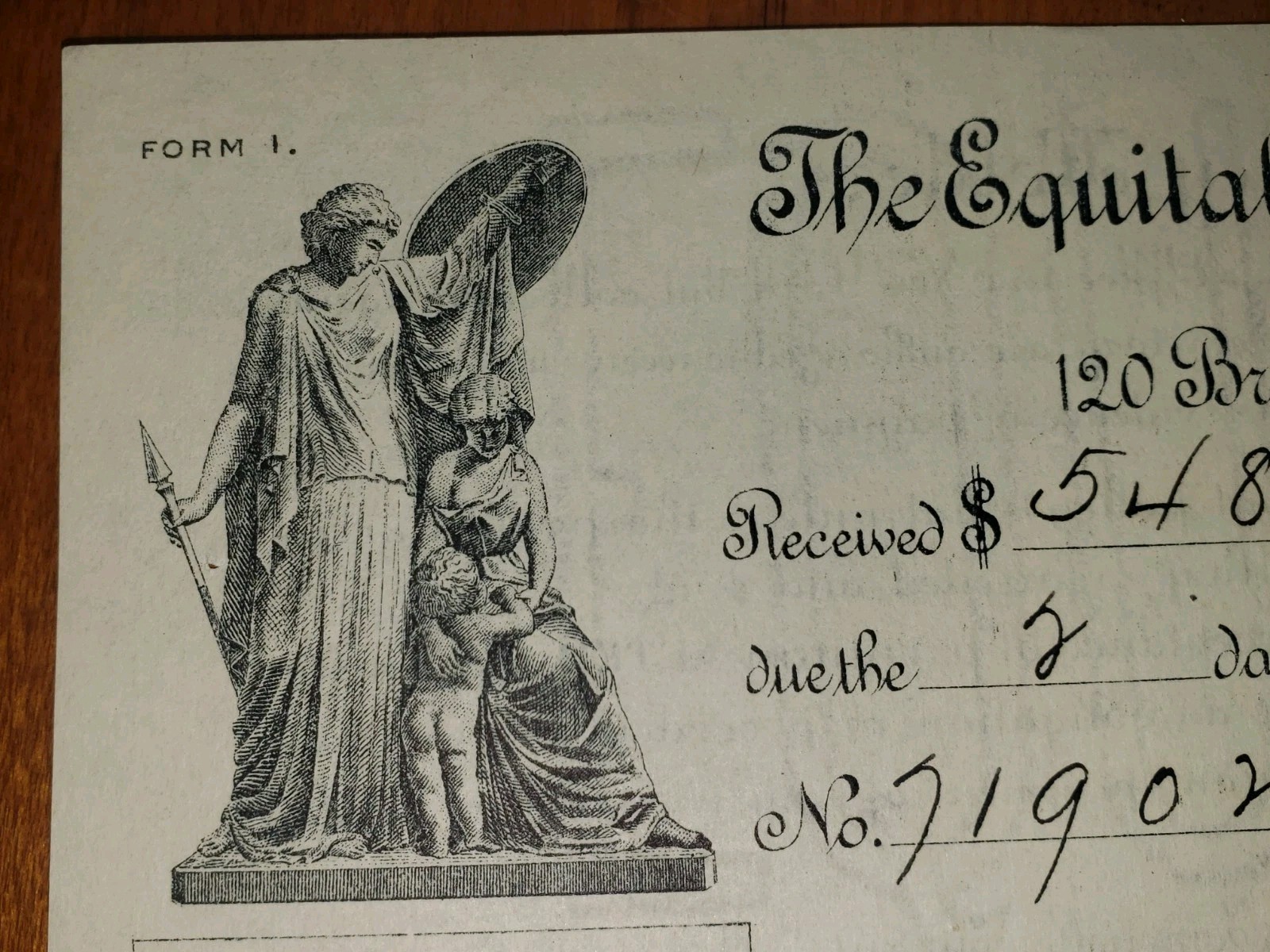 VINTAGE 1901 Equitable Life Assurance Society NY Premium Receipt Illustrated 120