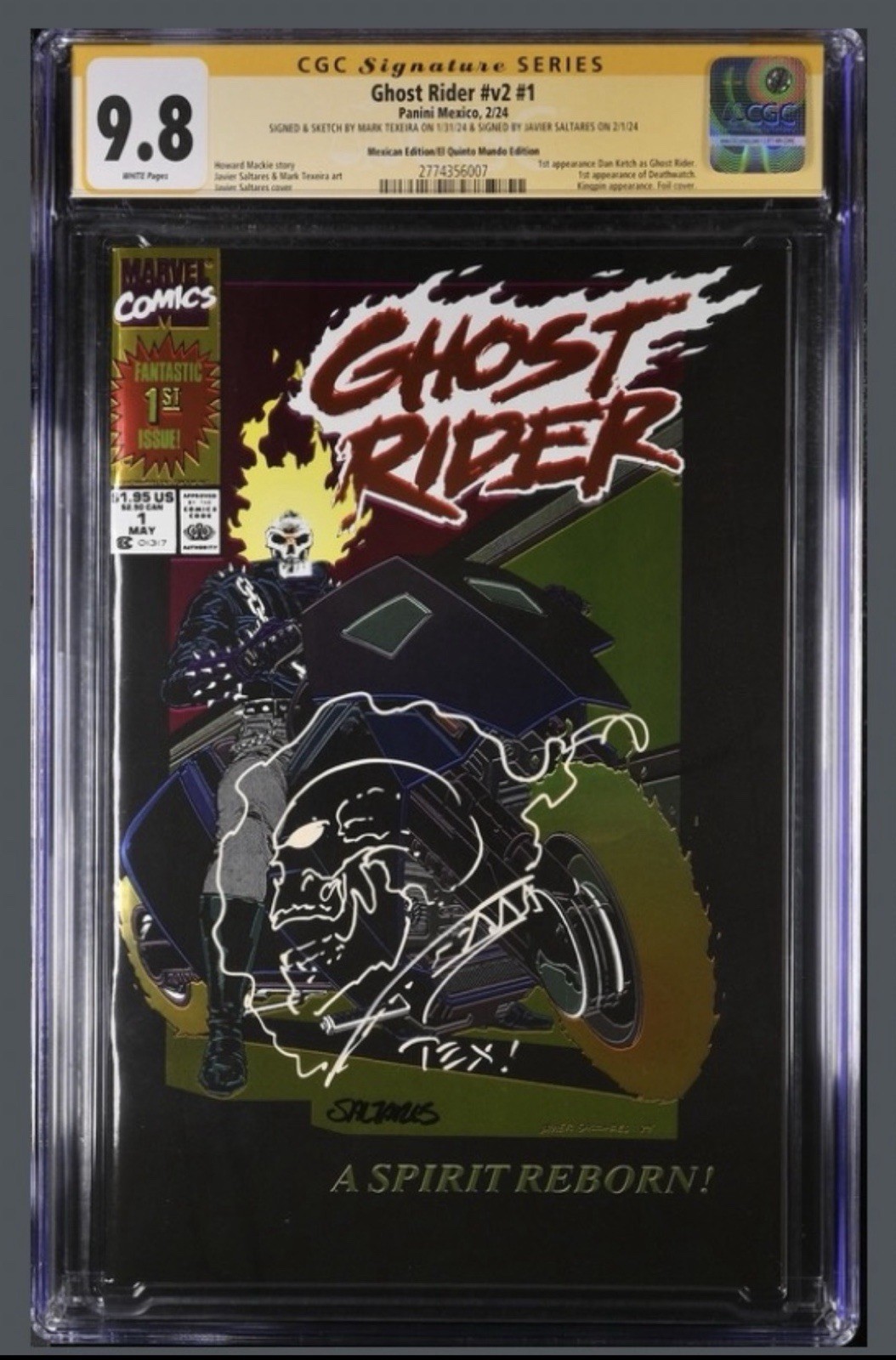 Ghost Rider #1 Mexican Edition CGC 9.8 SS Texeira Sketch Saltares Top Pop