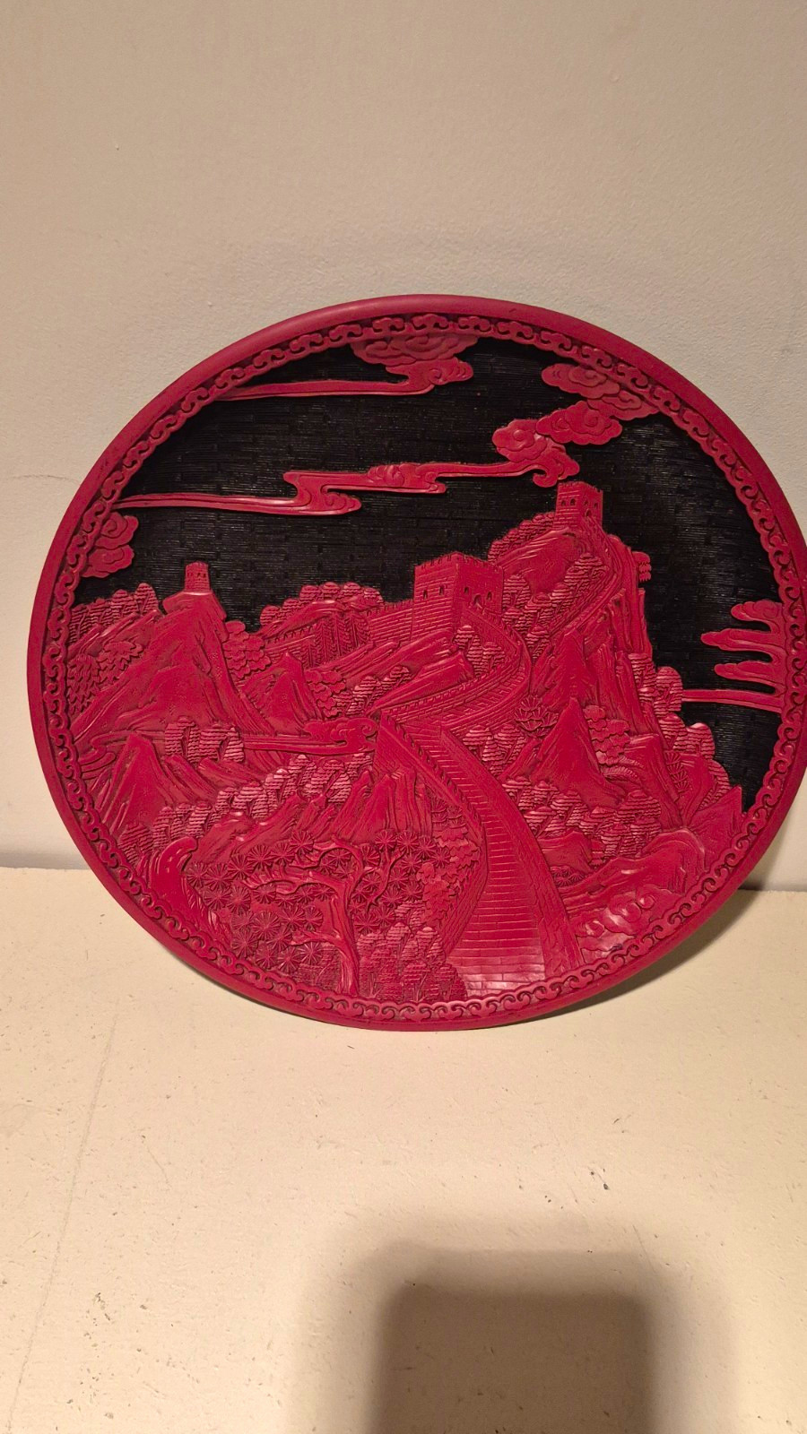 Vintage 12” Chinese Cinnabar Lacquer Plate Great Wall of China Carved Wall Art
