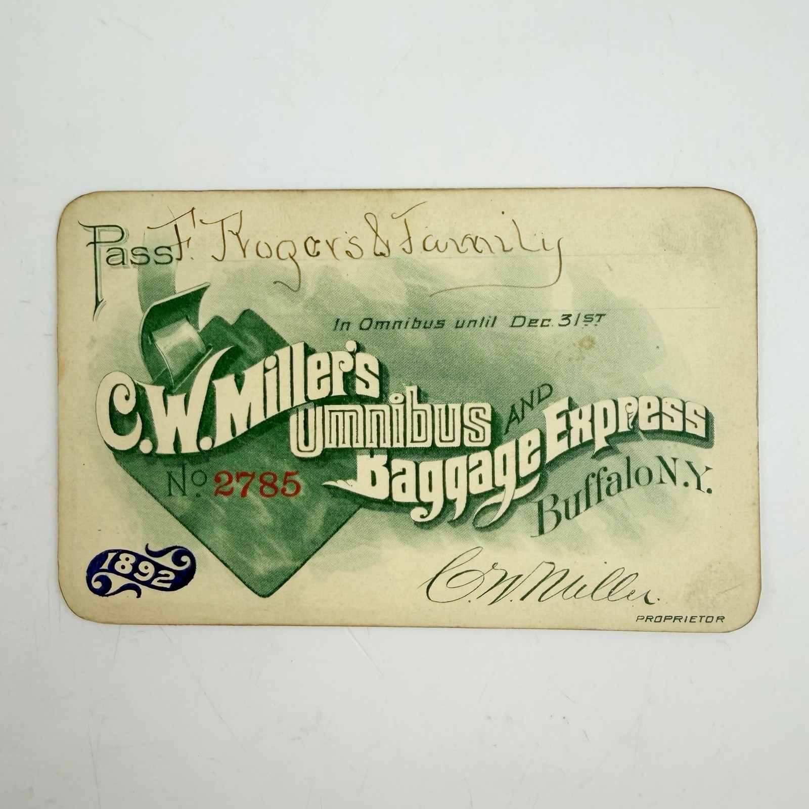 1892 CW Miller Buffalo NY Omnibus Baggage Express Pass Stagecoach RR Antique