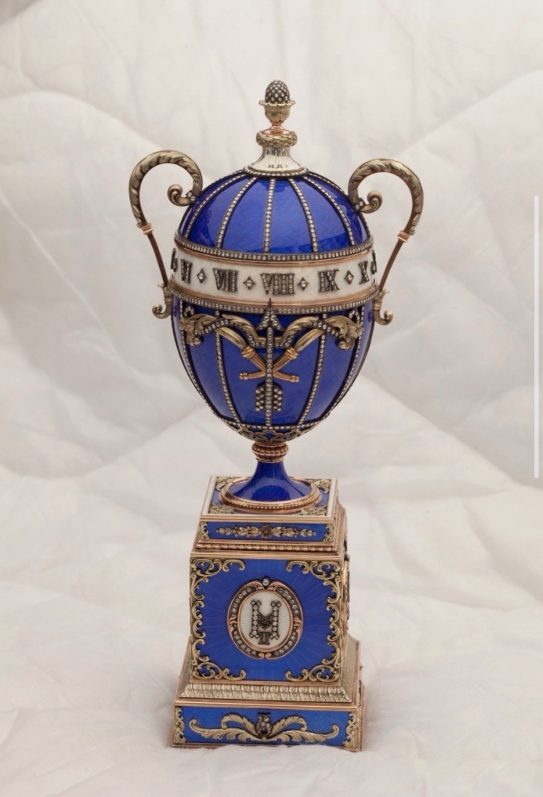 Blue & White Guilloche Enamel Clock Egg