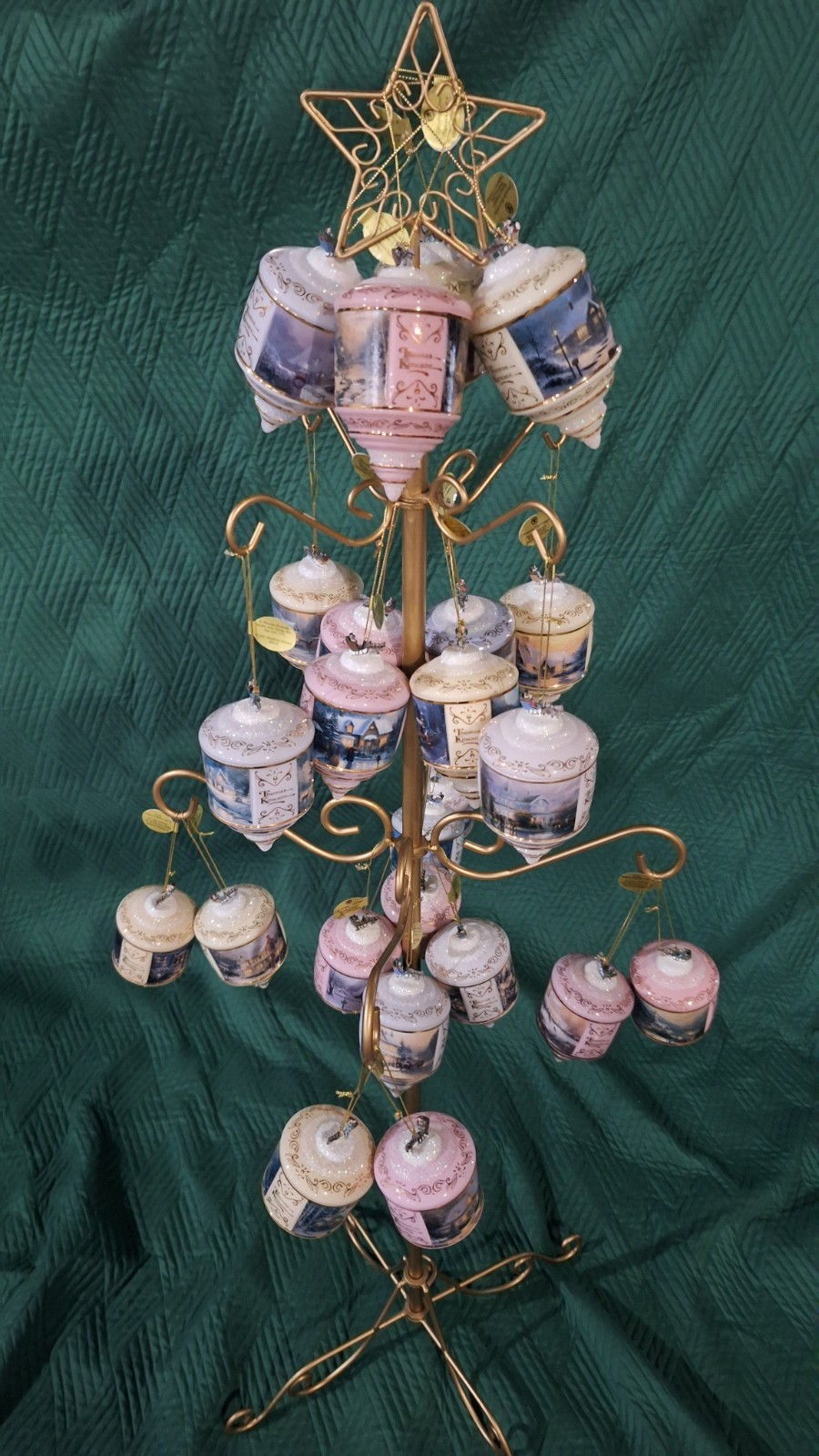 Brass tree and Thomas Kinkade Heirloom Glass Ornament w/ COA 2001, lot of 24