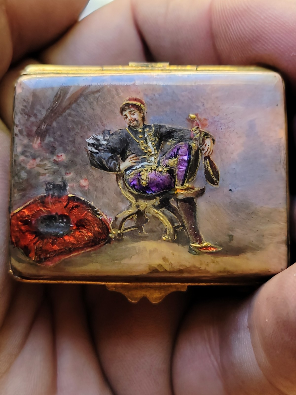 Antique Gold Gilt Ormolu Hand Painted Enamel Snuff Box Rich Man with Cats - RARE