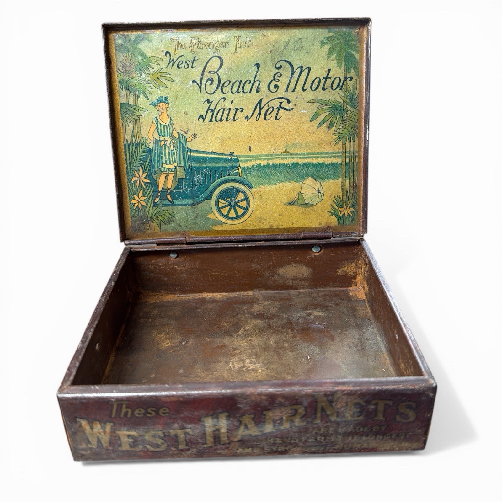 Rare 1920’s West Beach & Motor Hair Net Store Display Advertisement Metal Box 6”