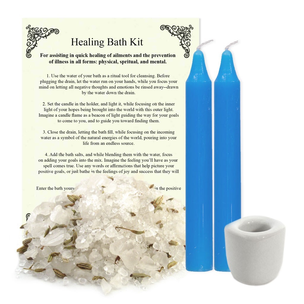 Healing Bath Ritual Spell Kit w/ Candles, Holder, Herbal Salts and Instructions