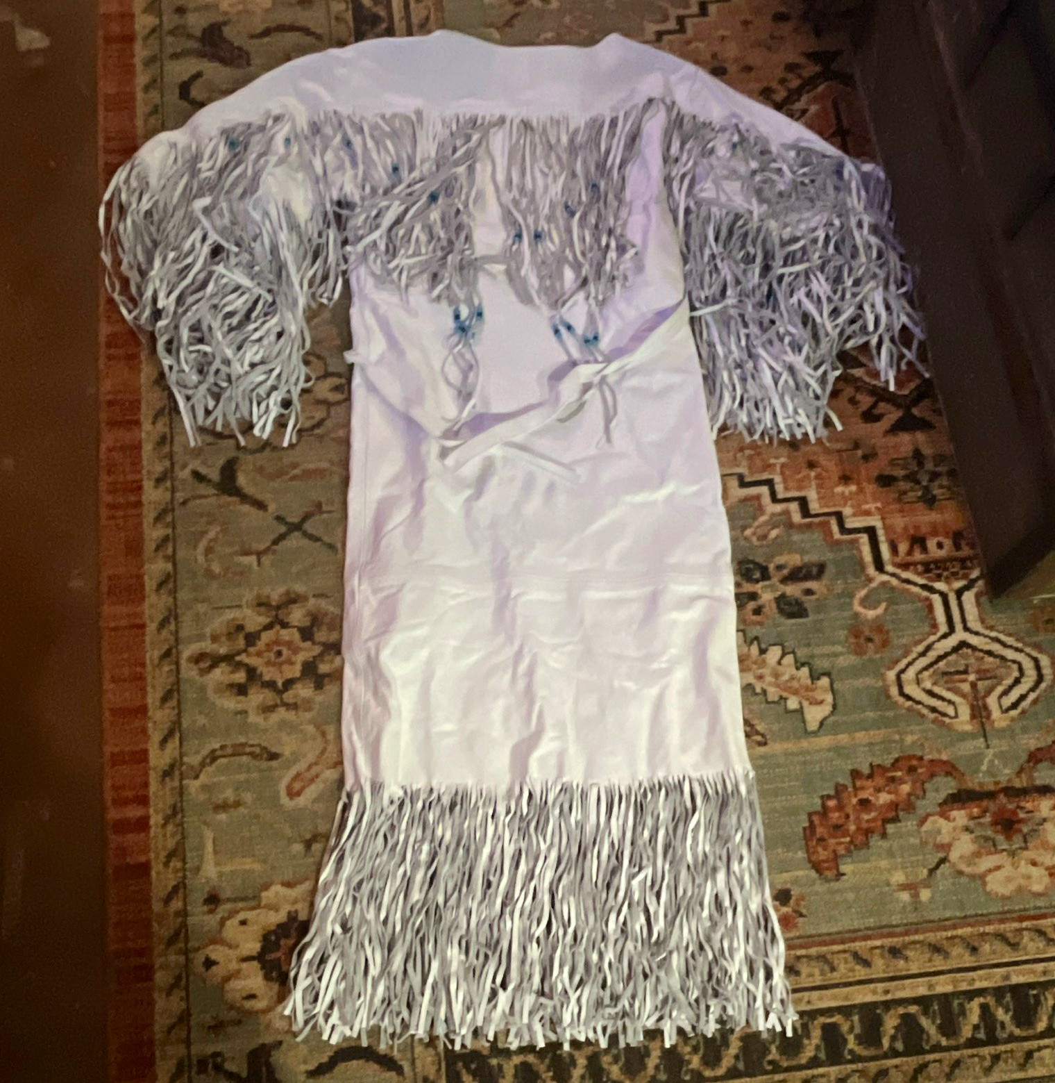 Genuine Leather White Fringe Native American Style Dress, Size S