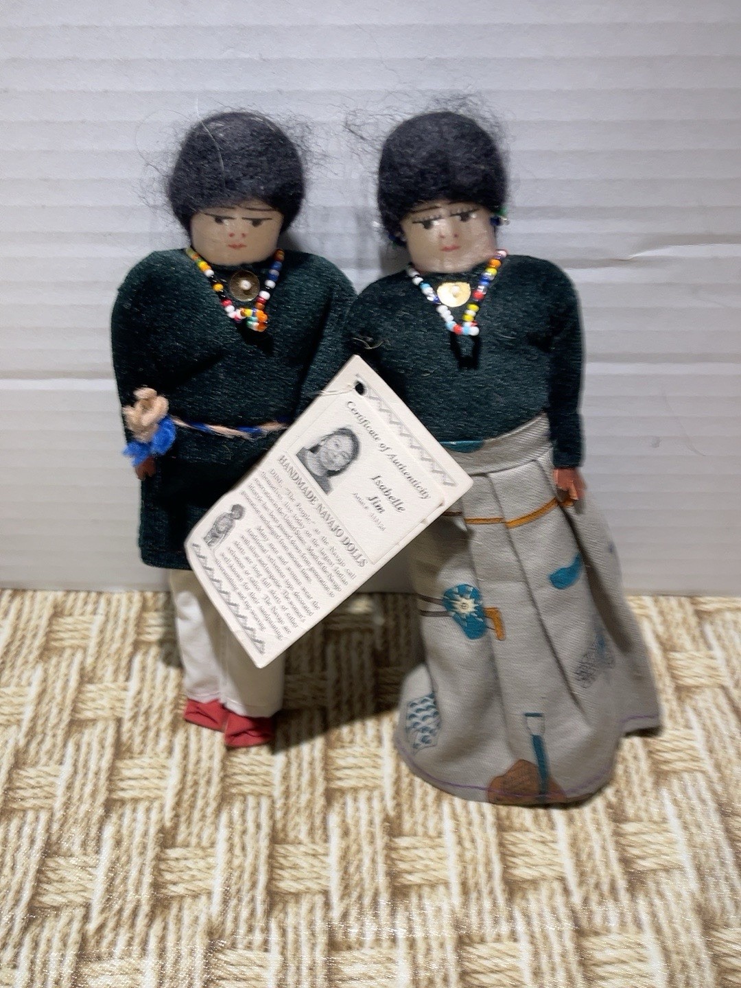 Vintage Isabelle Jim Navajo Handmade Cloth Dolls Pair 8” Native American COA