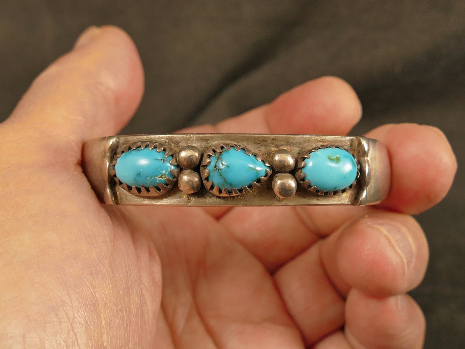 NAVAJO (3) ROBIN\'S EGG TURQUOISE INGOT SILVER CUFF BRACELET 1930\'S TUCSON ESTATE