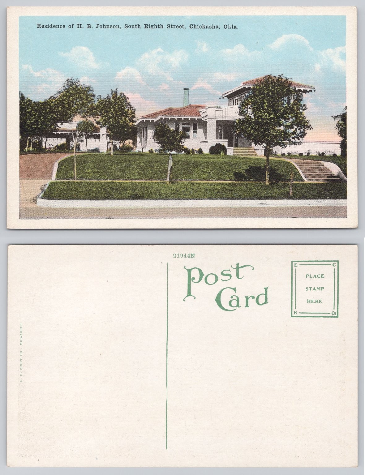 H. B. Johnson Residence Chickasha, OK White Border Postcard E. C. Kropp Co.
