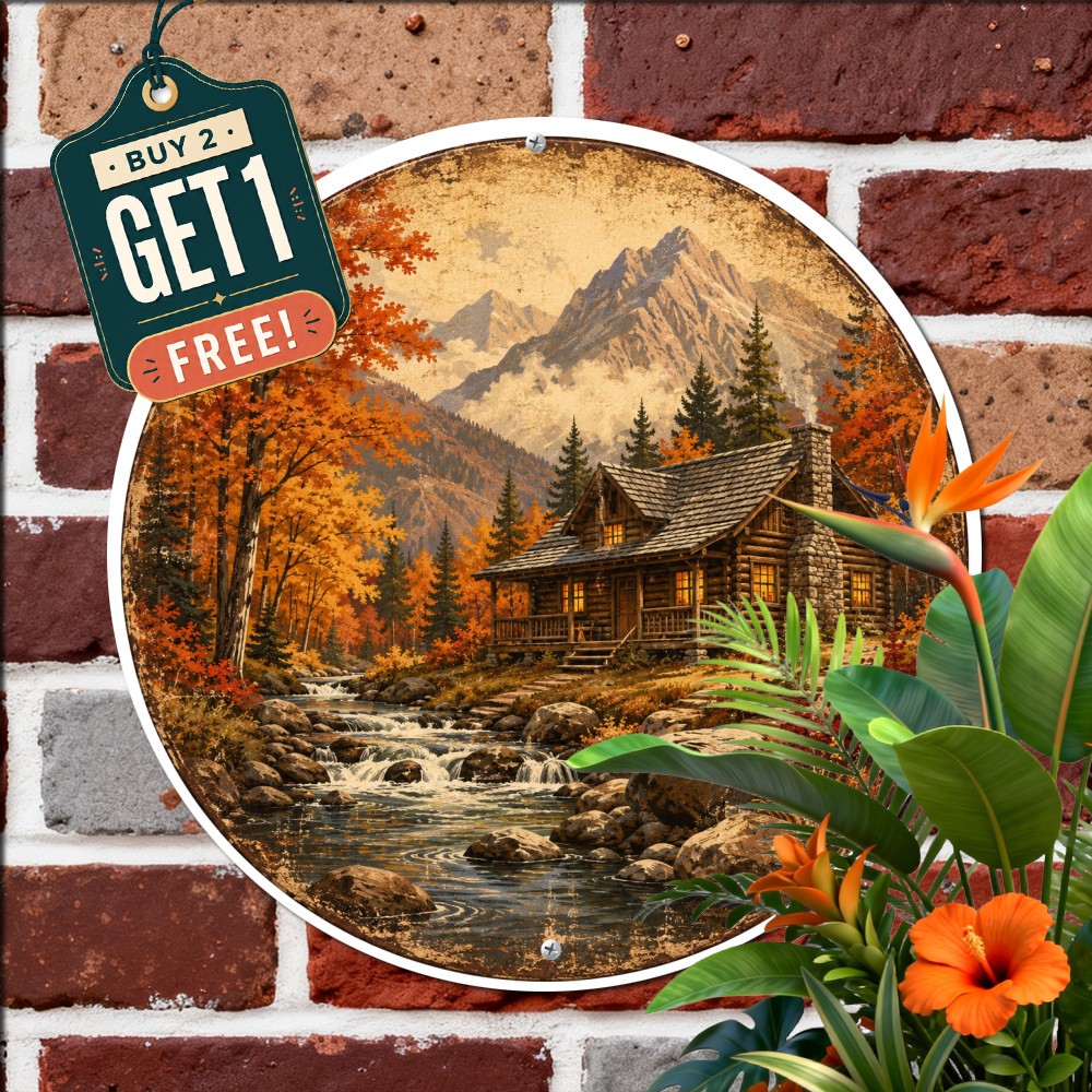 Rustic Log Cabin Autumn Forest Wilderness Lake Round Metal Tin Sign Wall Plaque