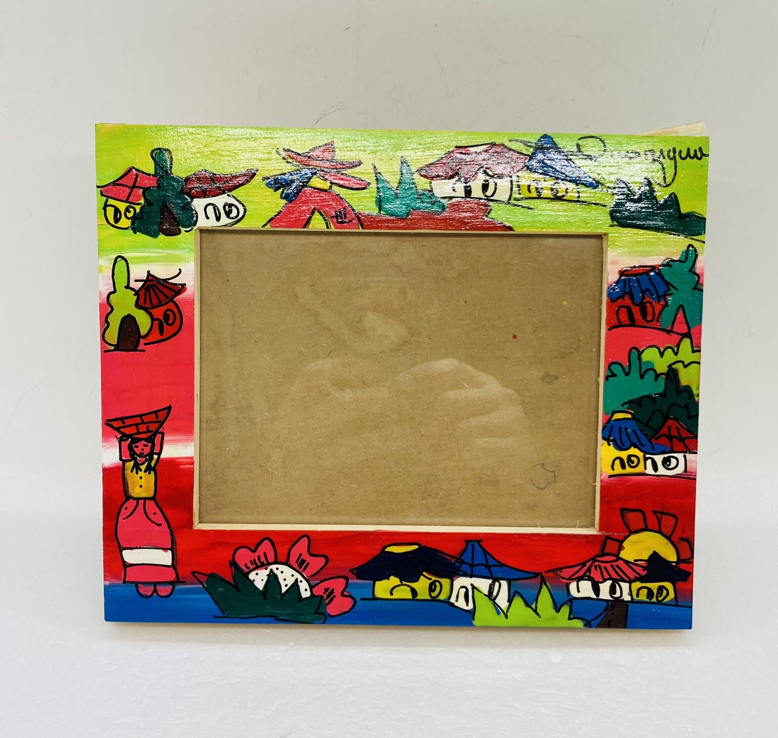 Rare Nicaragua Hand Painted All Wood Picture Frame Unique Folk Art Decor 3