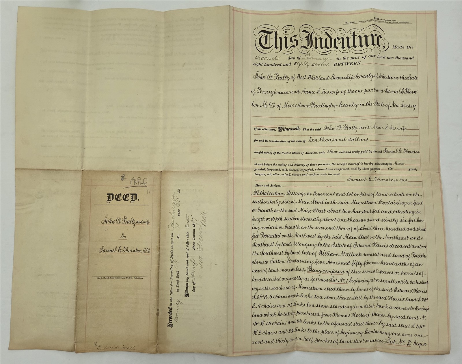 1887 antique JOHN D BALTZ west whiteland pa DEED SAMUEL L THORNTON moorestown nj