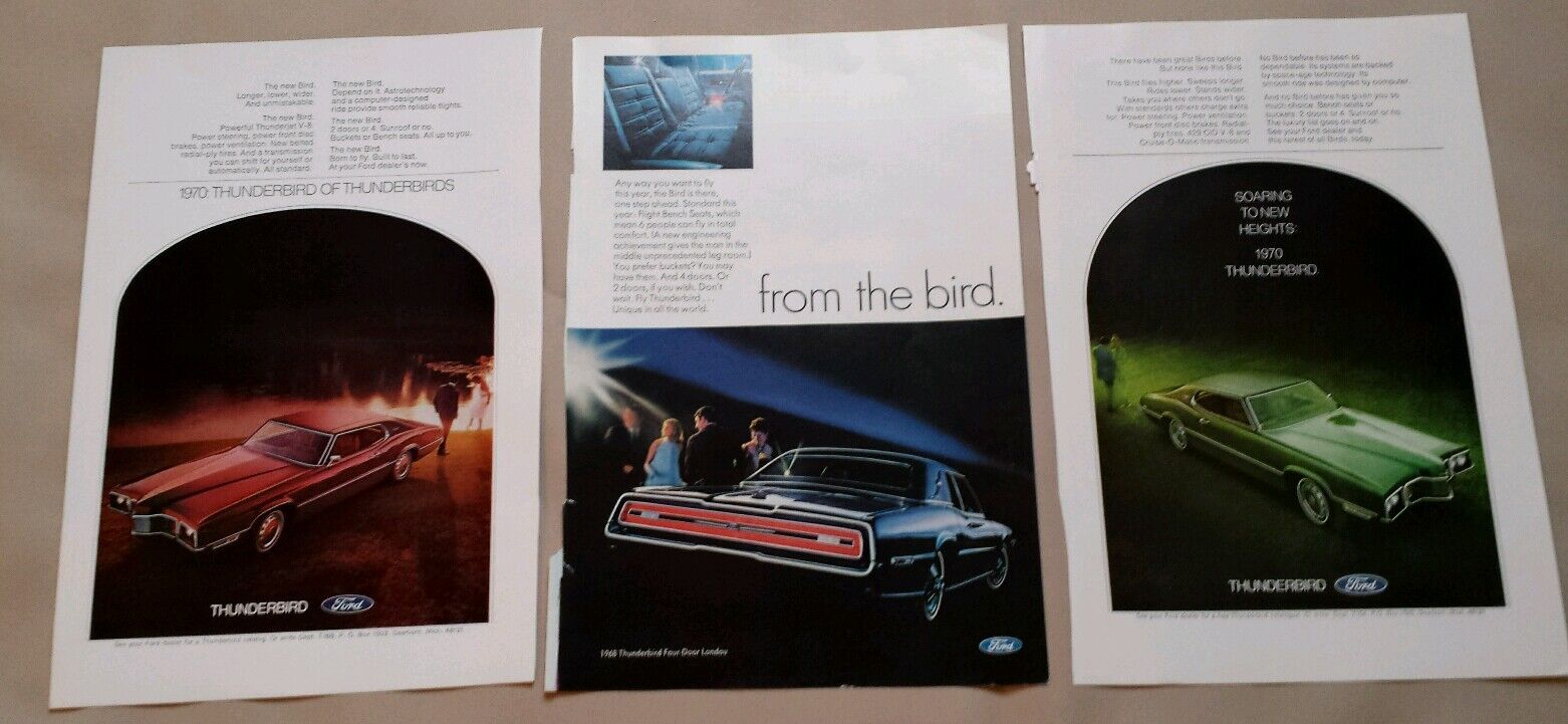 LOT OF 3 1968-70 FORD THUNDERBIRD T-BIRD CAR PRINT ADS MAGAZINE DEALER VINTAGE